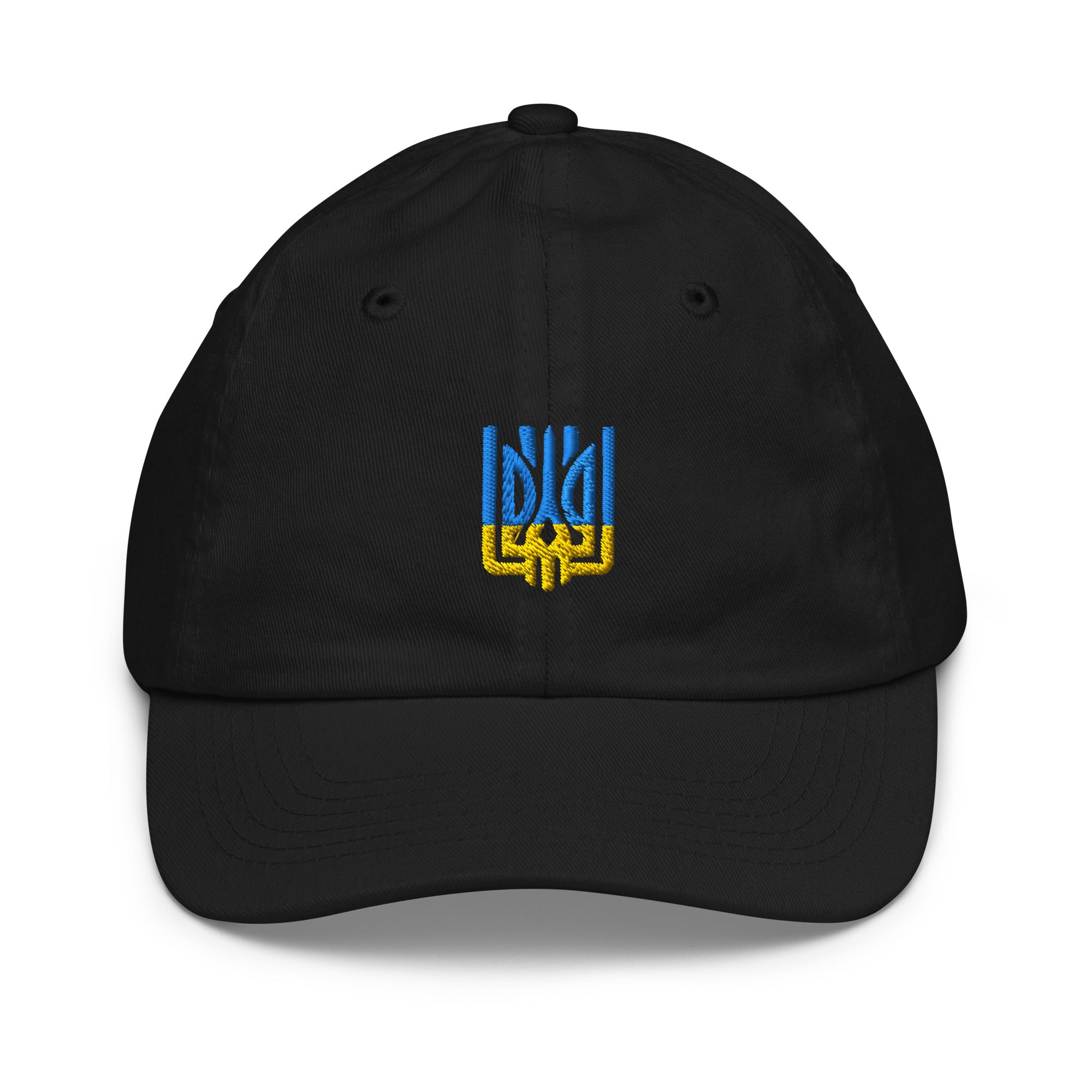 Youth baseball cap with Ukrainian Tryzub emblem in black, breathable and adjustable, ideal for active kids' outdoor adventures.