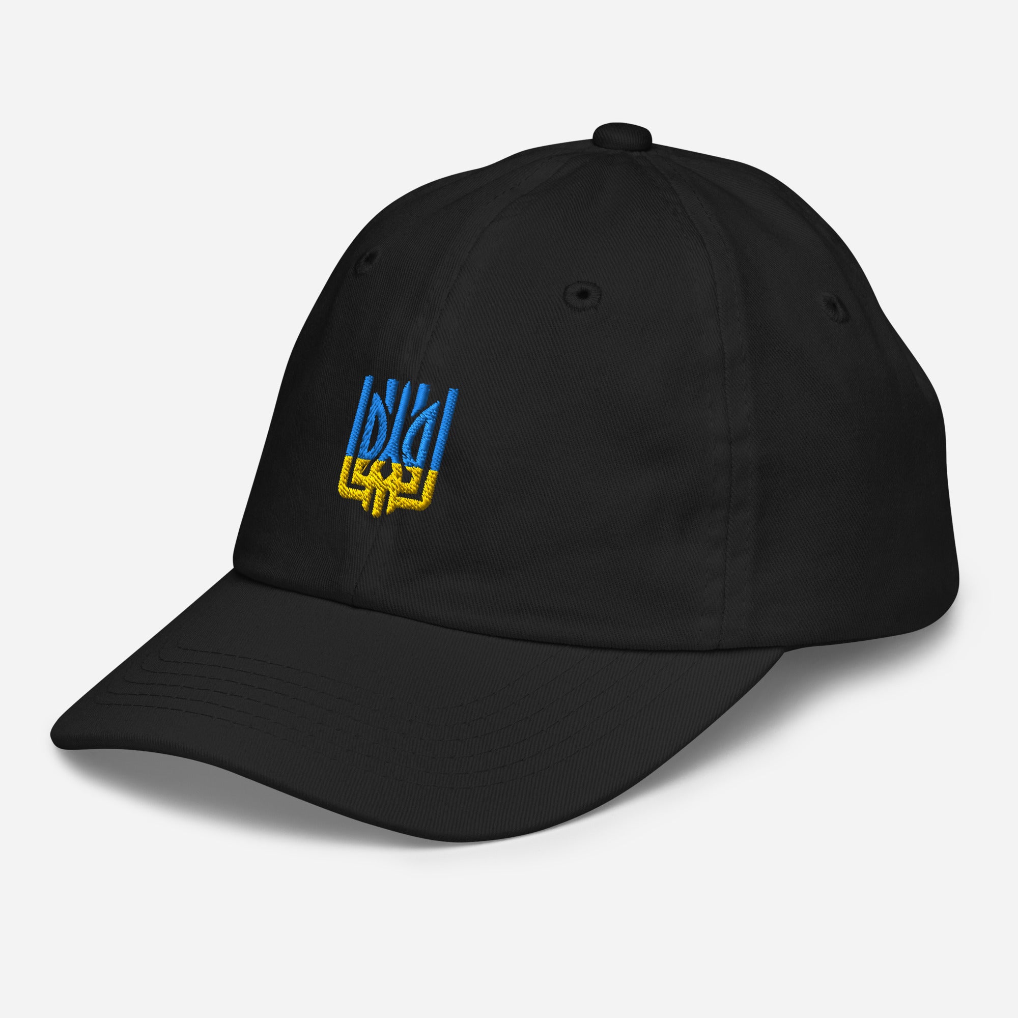 Youth baseball cap with Ukrainian Tryzub emblem, black, breathable and adjustable, ideal for active kids.