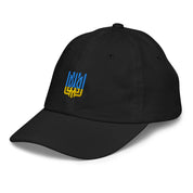 Youth baseball cap with Ukrainian Tryzub design, black, 100% cotton, breathable, adjustable, perfect for active kids.