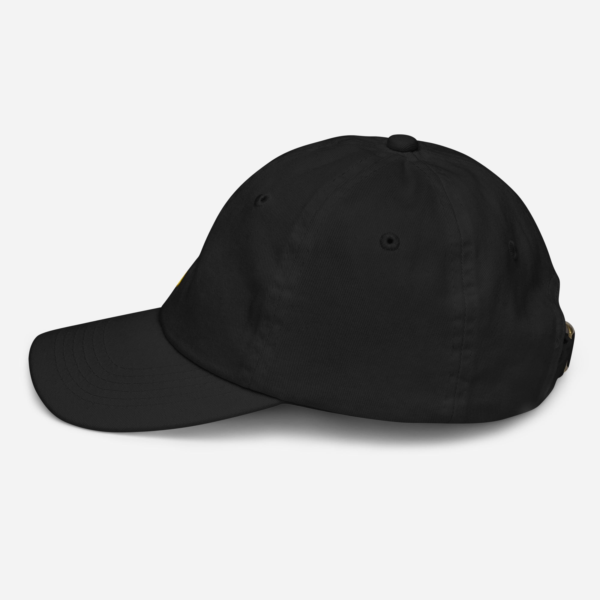 Black youth baseball cap with Ukrainian Tryzub emblem, breathable chino cotton, adjustable strap for active kids, side view.