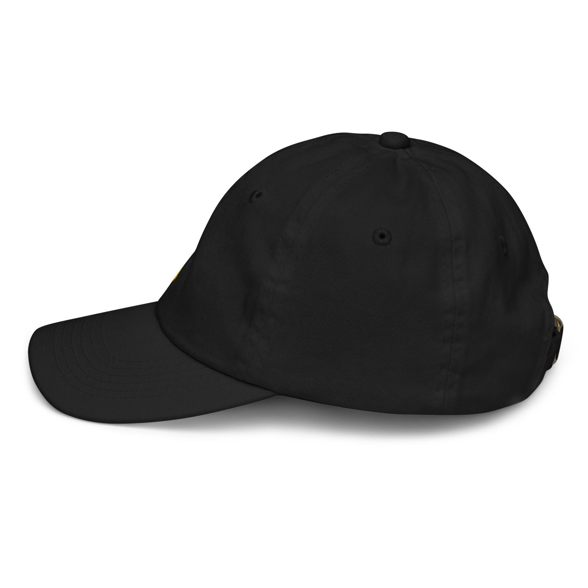 Black youth baseball cap with Ukrainian Tryzub emblem, breathable design, adjustable strap, made from bio-washed chino cotton twill.