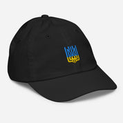Youth baseball cap with Ukrainian Tryzub emblem, black, breathable, adjustable fit, ideal for active kids, outdoor activities.