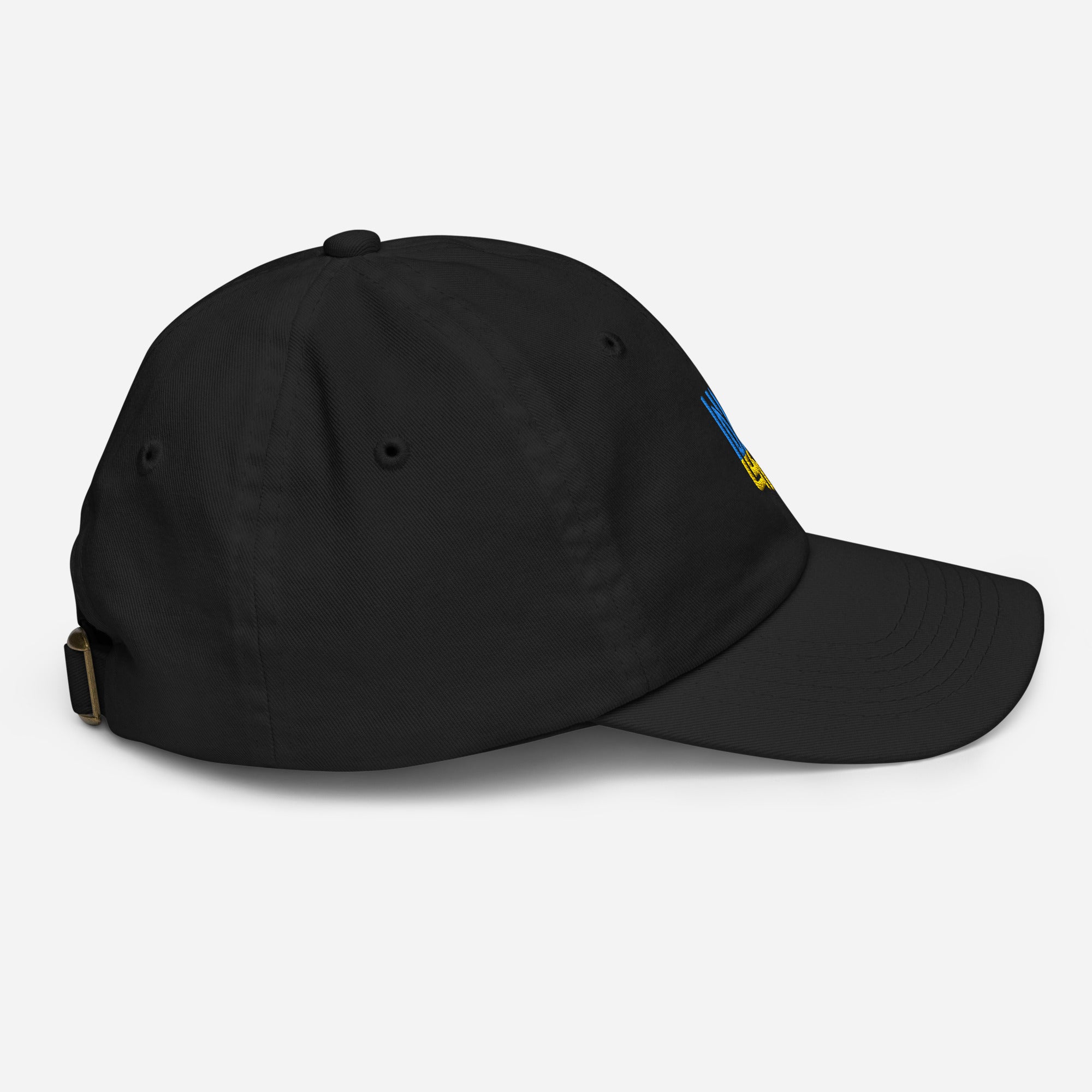 Black youth baseball cap with Ukrainian Tryzub emblem, featuring breathable cotton and adjustable strap for active kids.