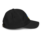 Black youth baseball cap with Ukrainian Tryzub emblem, featuring breathable fabric and adjustable strap for active kids.
