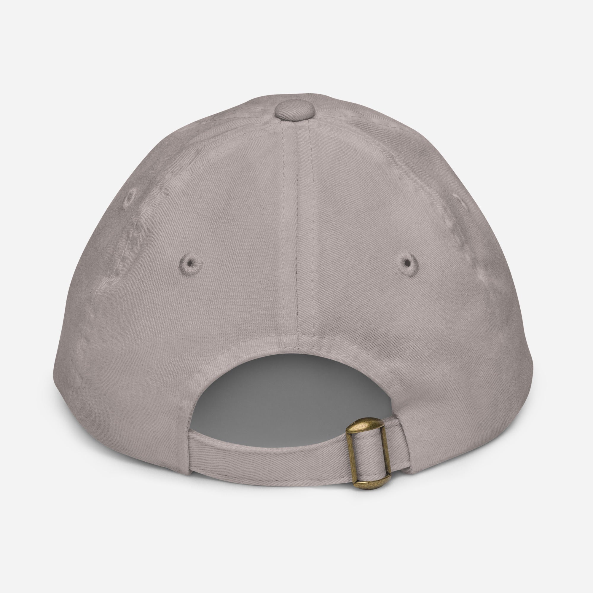 Back view of youth baseball cap with adjustable strap, made from bio-washed chino cotton twill, featuring ventilation eyelets for breathability.