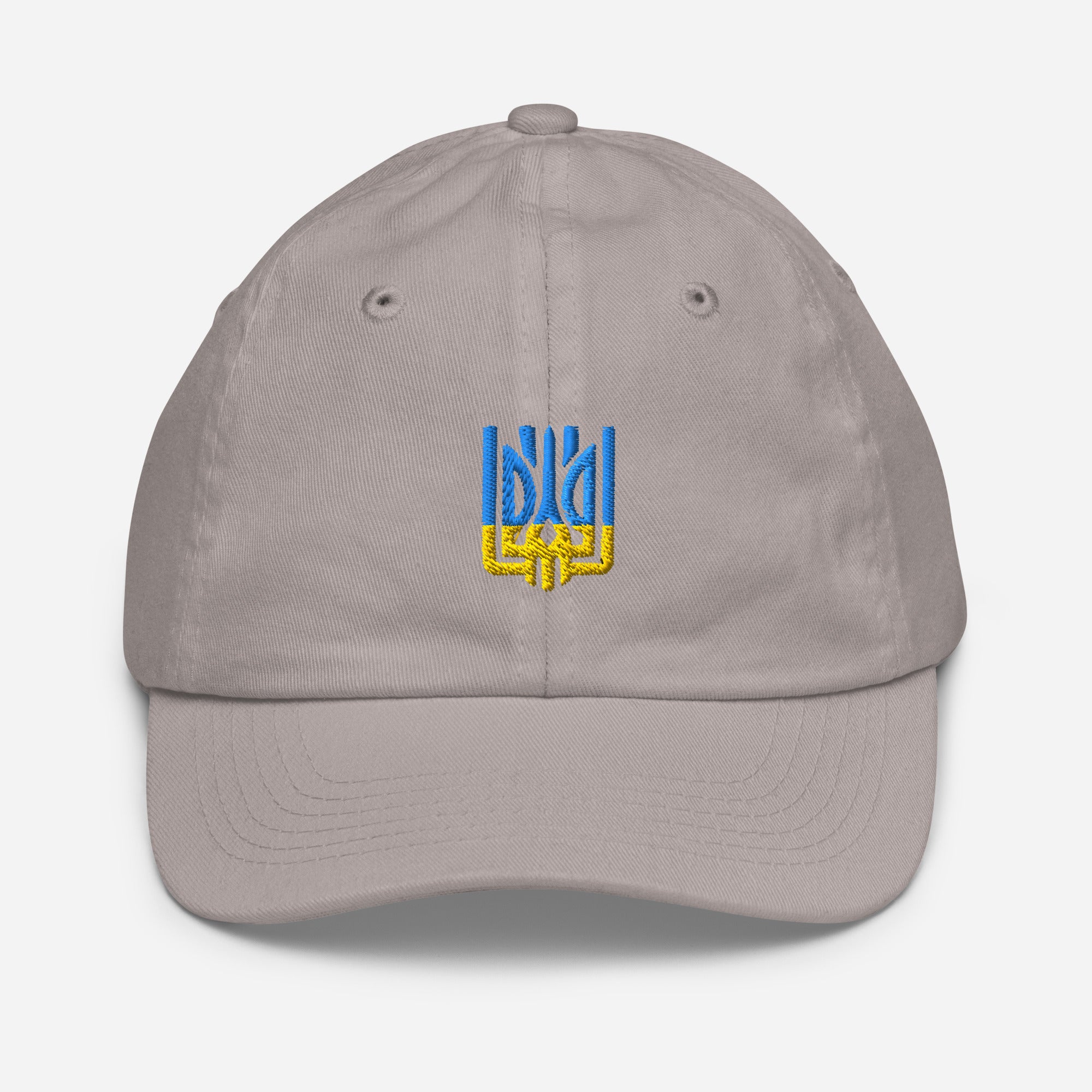 Youth baseball cap with Ukrainian Tryzub emblem, breathable and adjustable for active kids, made from bio-washed chino cotton twill.