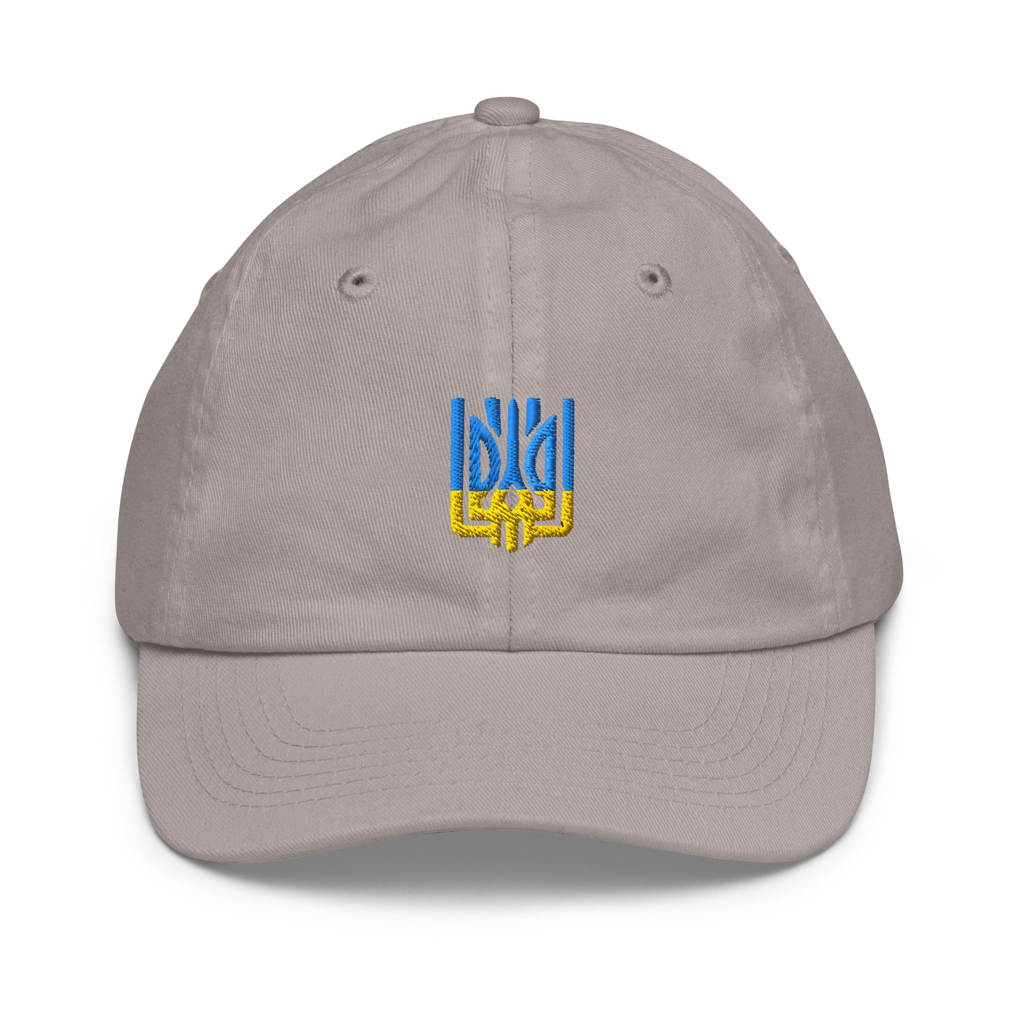 Youth baseball cap with Ukrainian Tryzub emblem, breathable, adjustable, made from bio-washed chino cotton twill for active kids