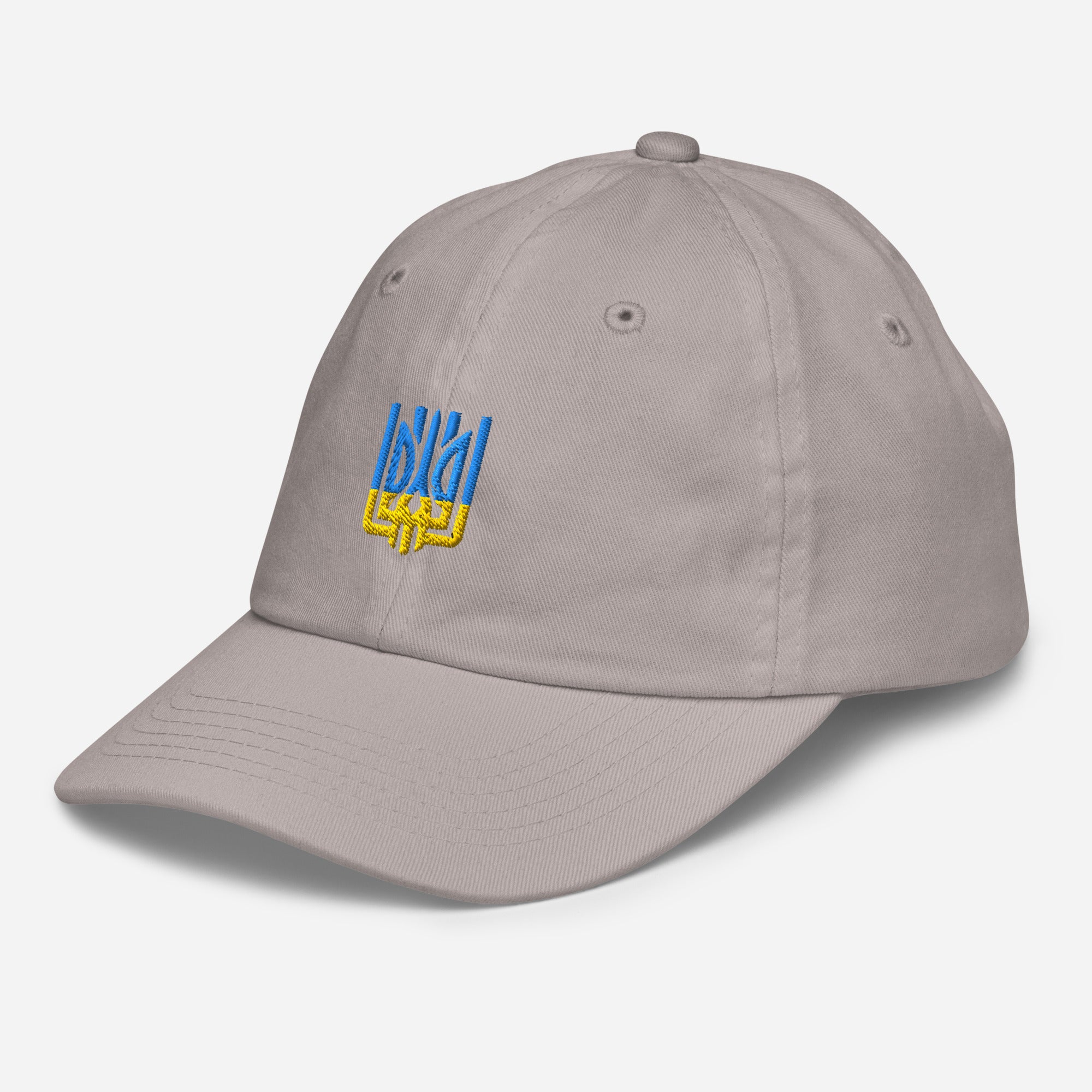 Youth baseball cap with Ukrainian Tryzub, breathable and adjustable, ideal for active kids' outdoor adventures and sports practice.