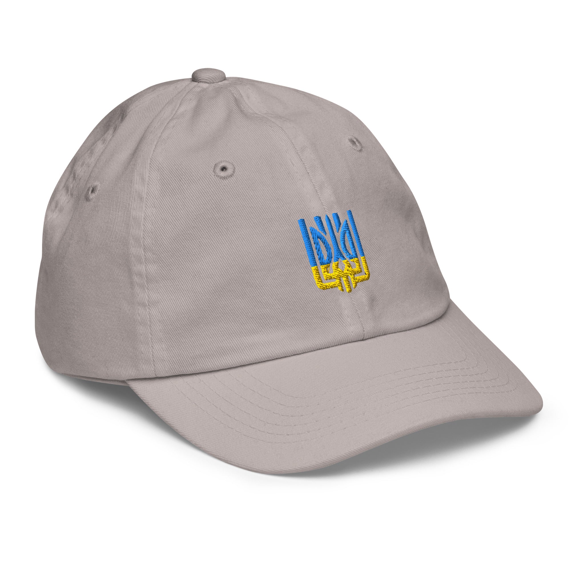 Youth baseball cap with Ukrainian Tryzub emblem, breathable chino cotton, adjustable strap, ideal for active kids and outdoor activities.