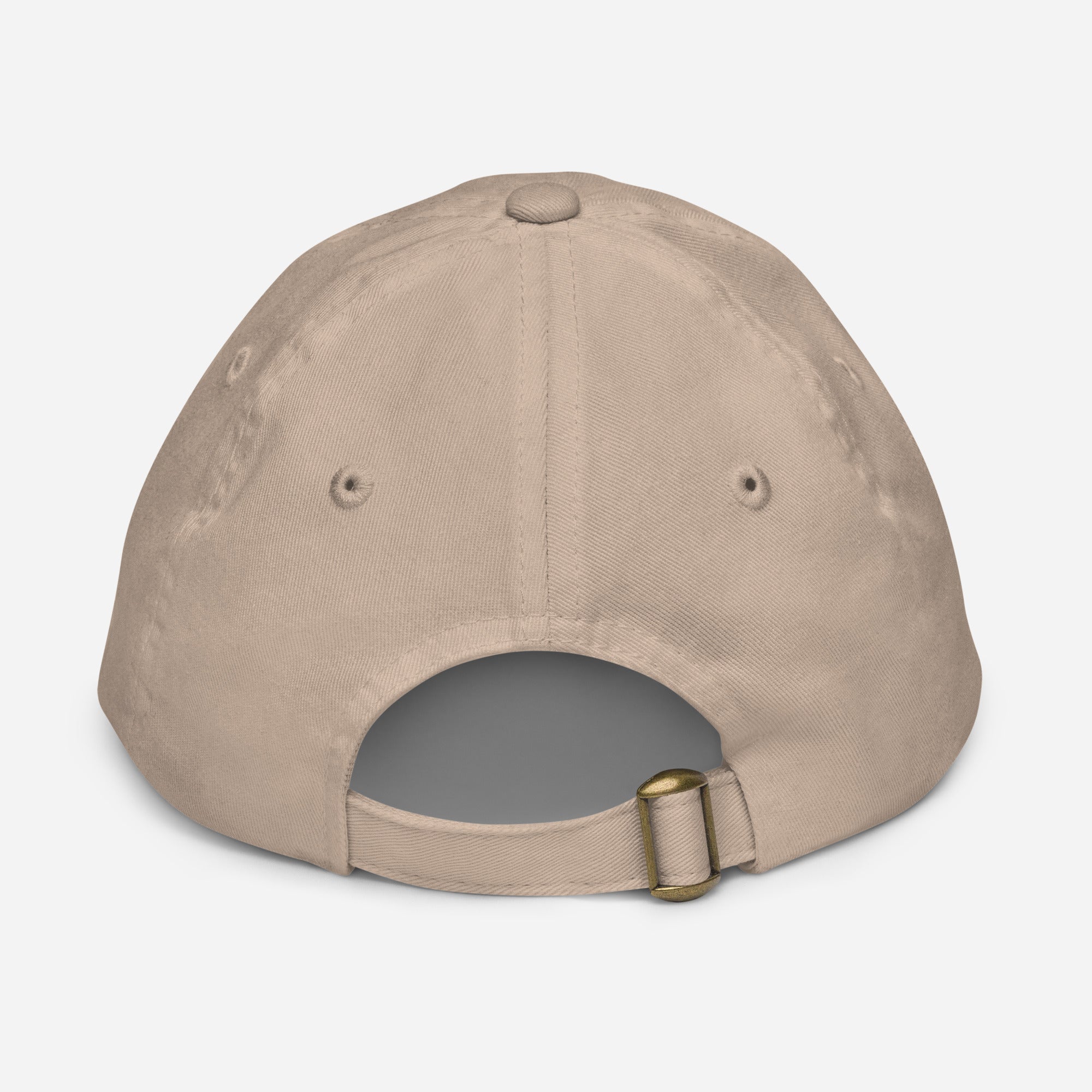 Back view of youth baseball cap with adjustable strap and eyelets for ventilation.