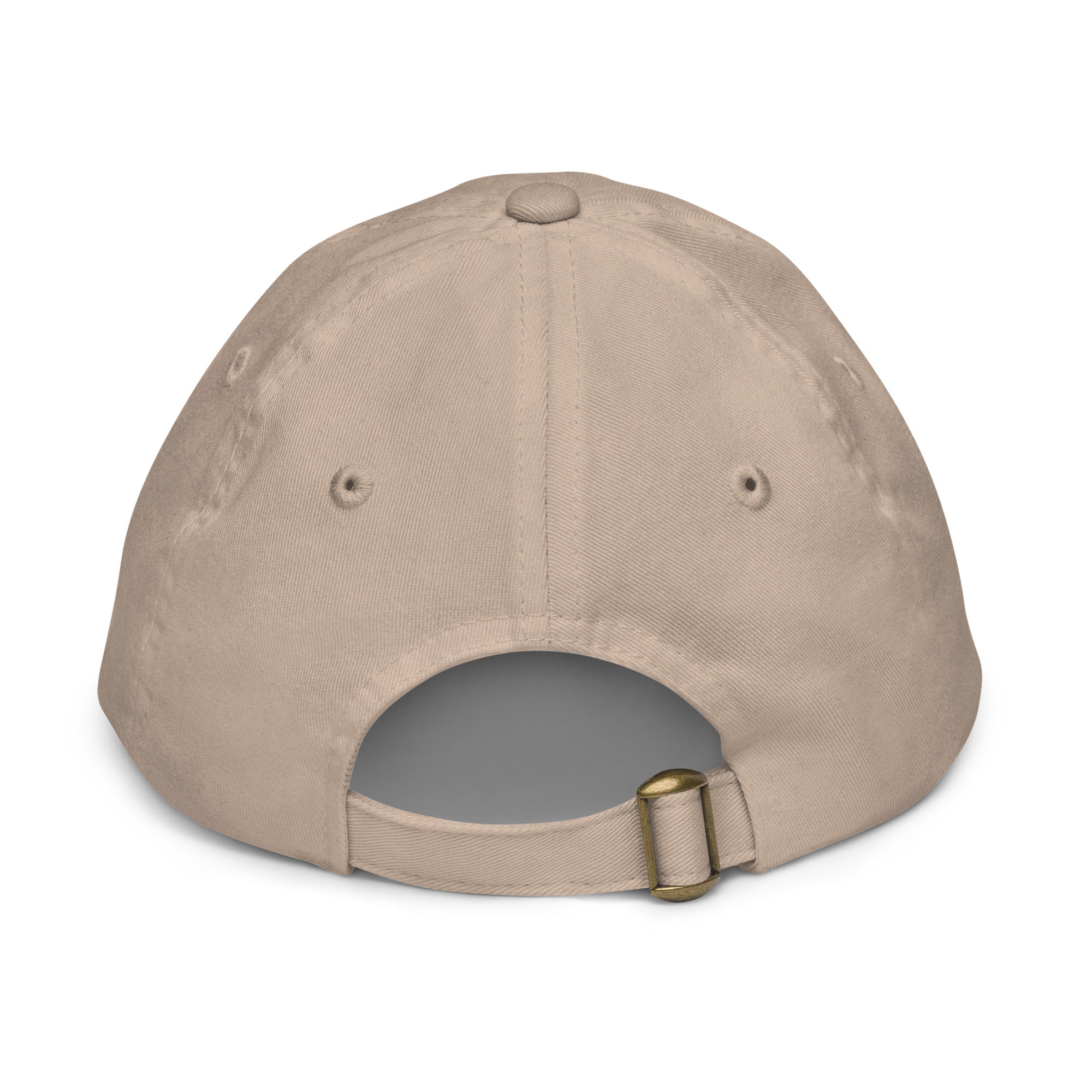 Back view of beige youth baseball cap with adjustable strap and ventilation eyelets, made from soft, durable chino cotton twill.