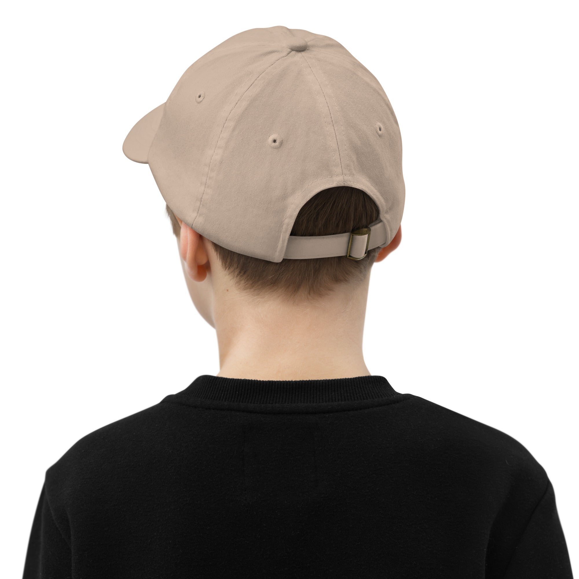 Back view of youth baseball cap with adjustable strap and six eyelets, designed for active kids, featuring Ukrainian Tryzub emblem.