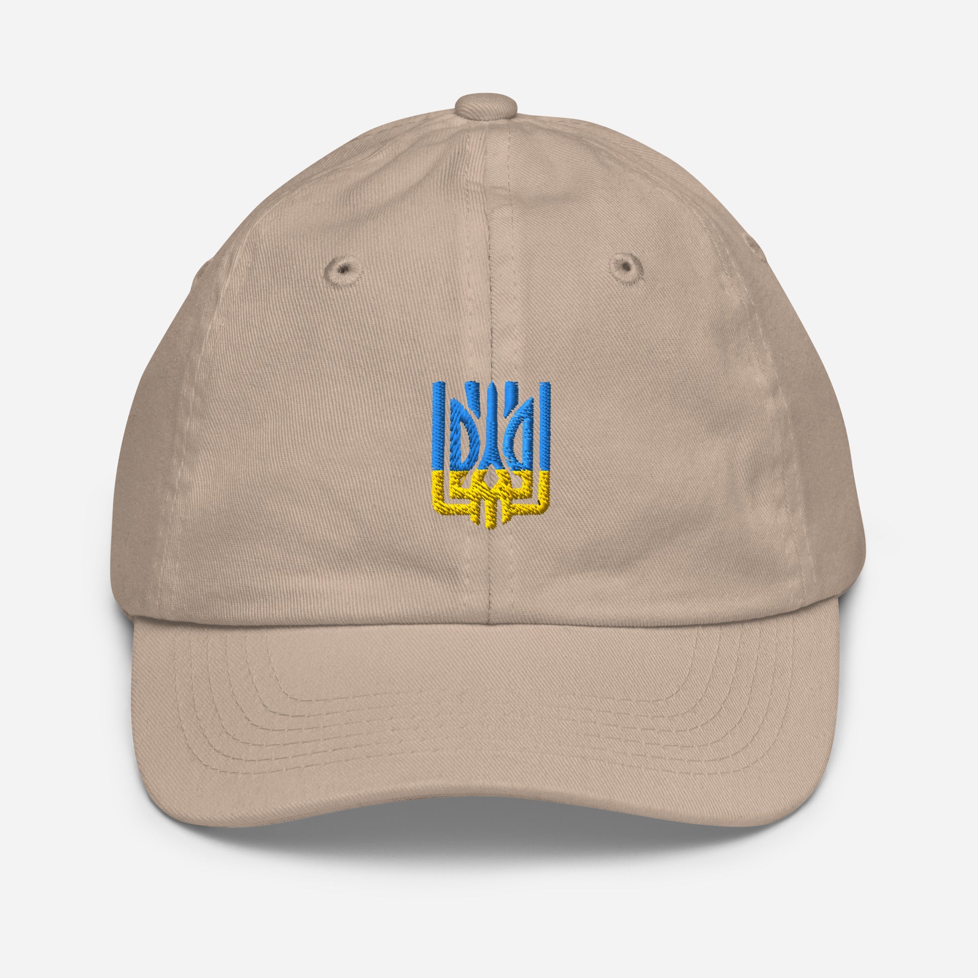 Youth baseball cap with Ukrainian Tryzub emblem, breathable cotton, adjustable strap, ideal for active kids' sports and outdoor wear