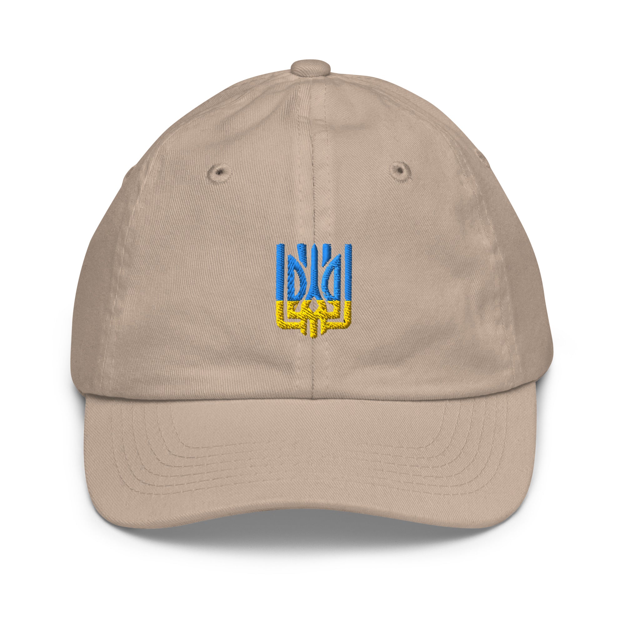 Youth baseball cap with Ukrainian Tryzub emblem, breathable cotton twill, adjustable strap, perfect for active kids.