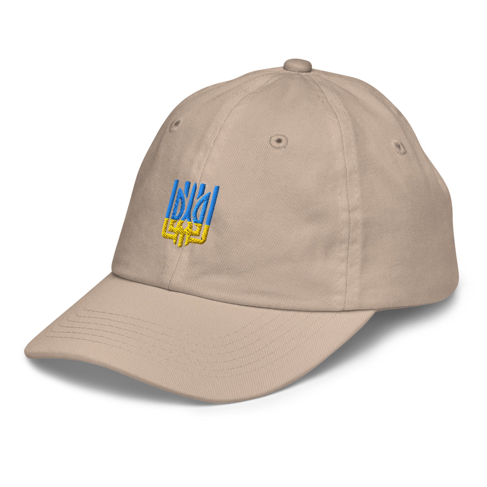 Youth baseball cap with Ukrainian Tryzub emblem, beige color, 100% chino cotton twill, adjustable strap, breathable with eyelets.
