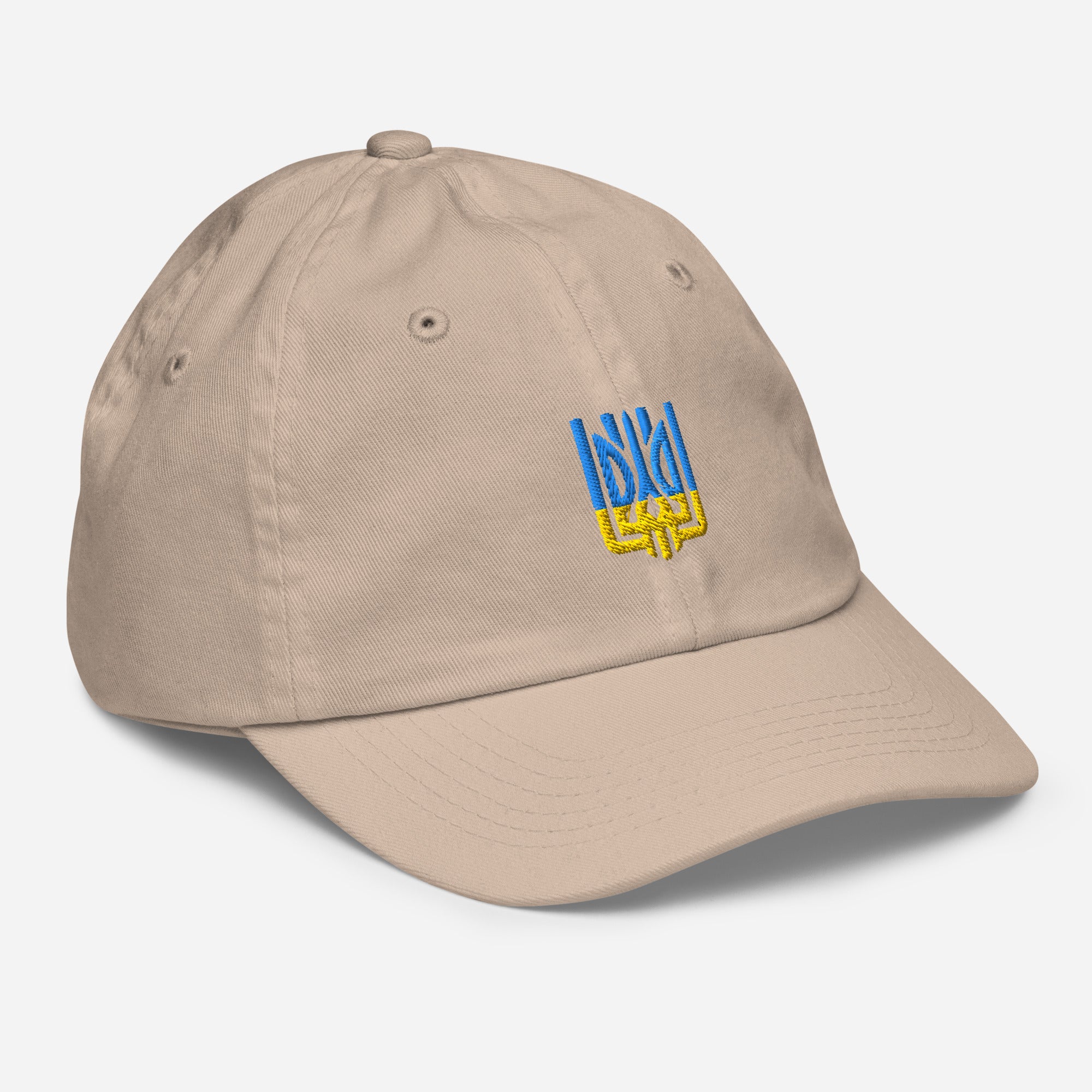 Youth baseball cap with Ukrainian Tryzub emblem, beige color, breathable bio-washed chino cotton, adjustable strap for active kids.