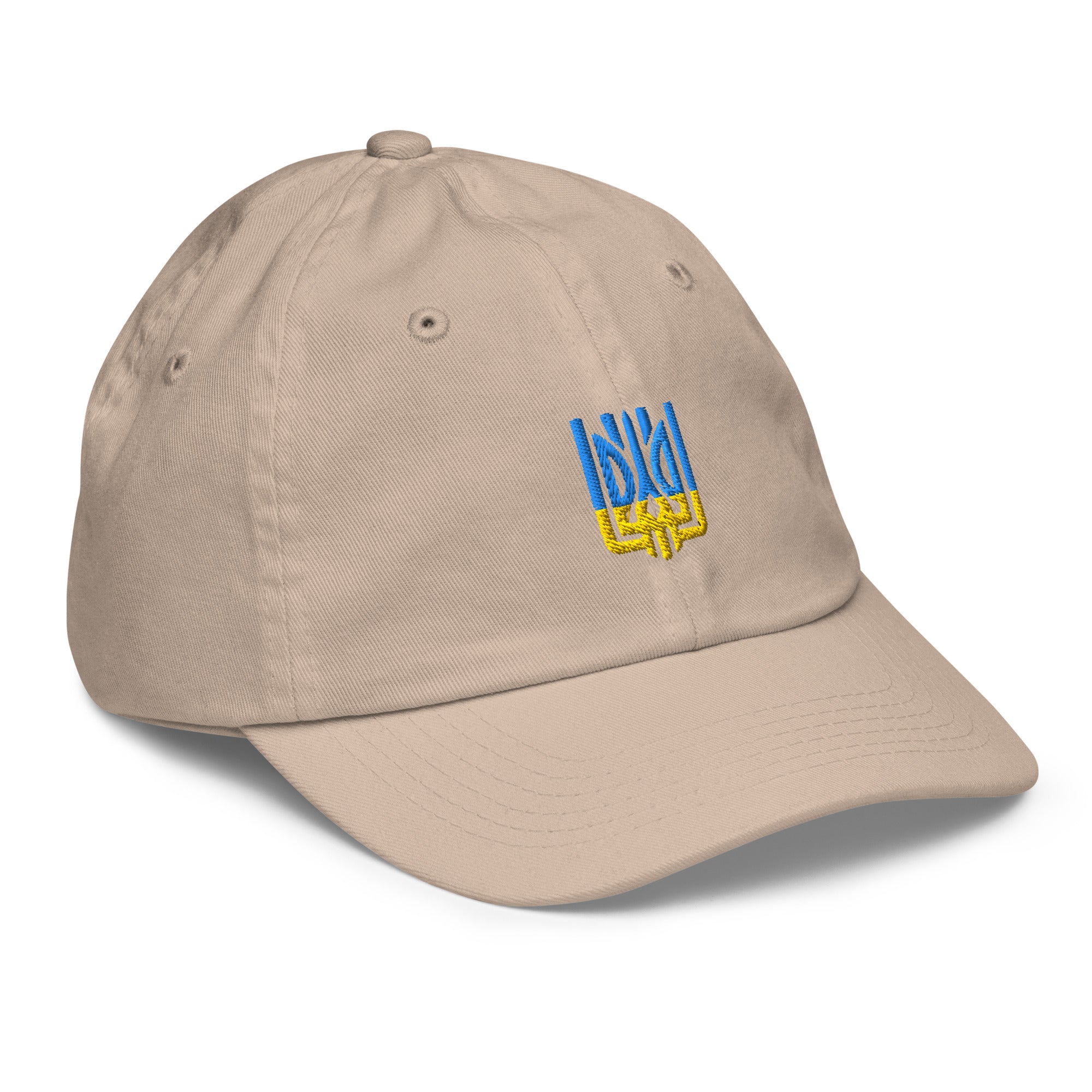 Youth baseball cap with Ukrainian Tryzub, breathable and adjustable design, ideal for active kids. Khaki color with blue and yellow emblem.