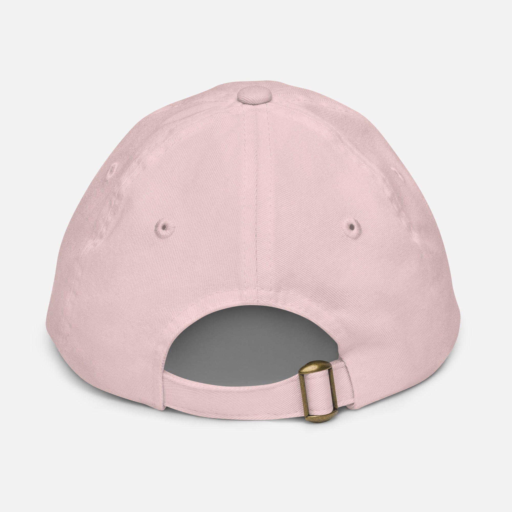 Back view of a pink youth baseball cap with adjustable strap and eyelets for ventilation, showcasing its breathable and comfortable design.