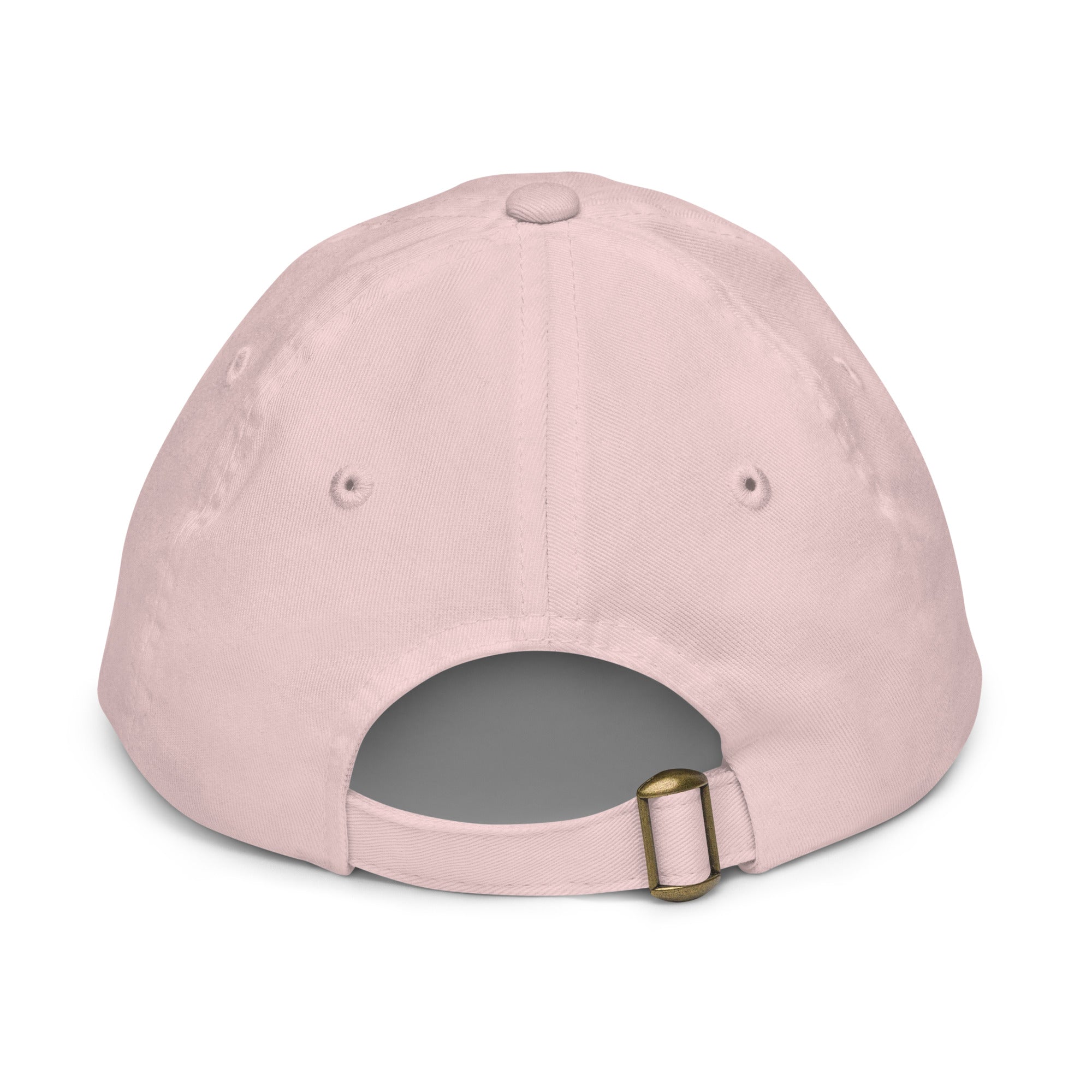 Back view of pink youth baseball cap with adjustable strap and embroidered eyelets for breathability.