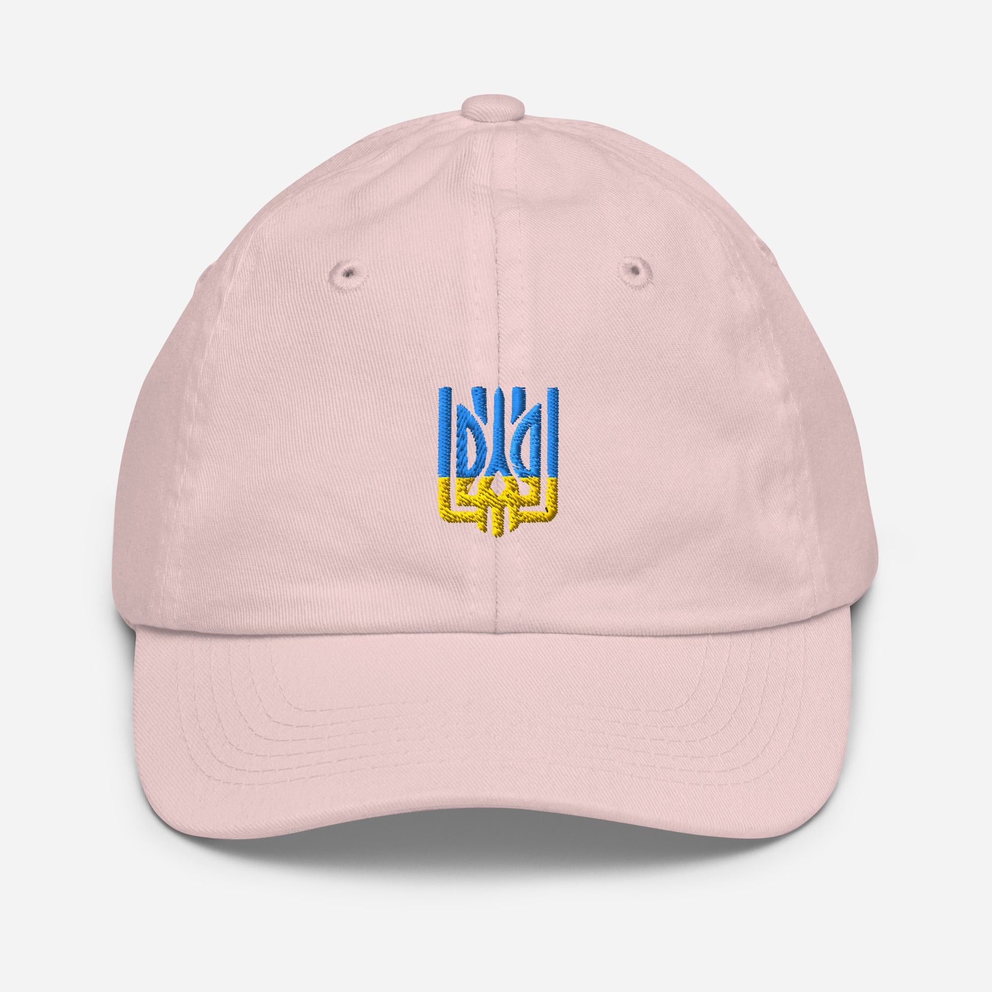 Youth pink baseball cap with Ukrainian Tryzub emblem, breathable and adjustable, ideal for active kids. Made from 100% bio-washed cotton.