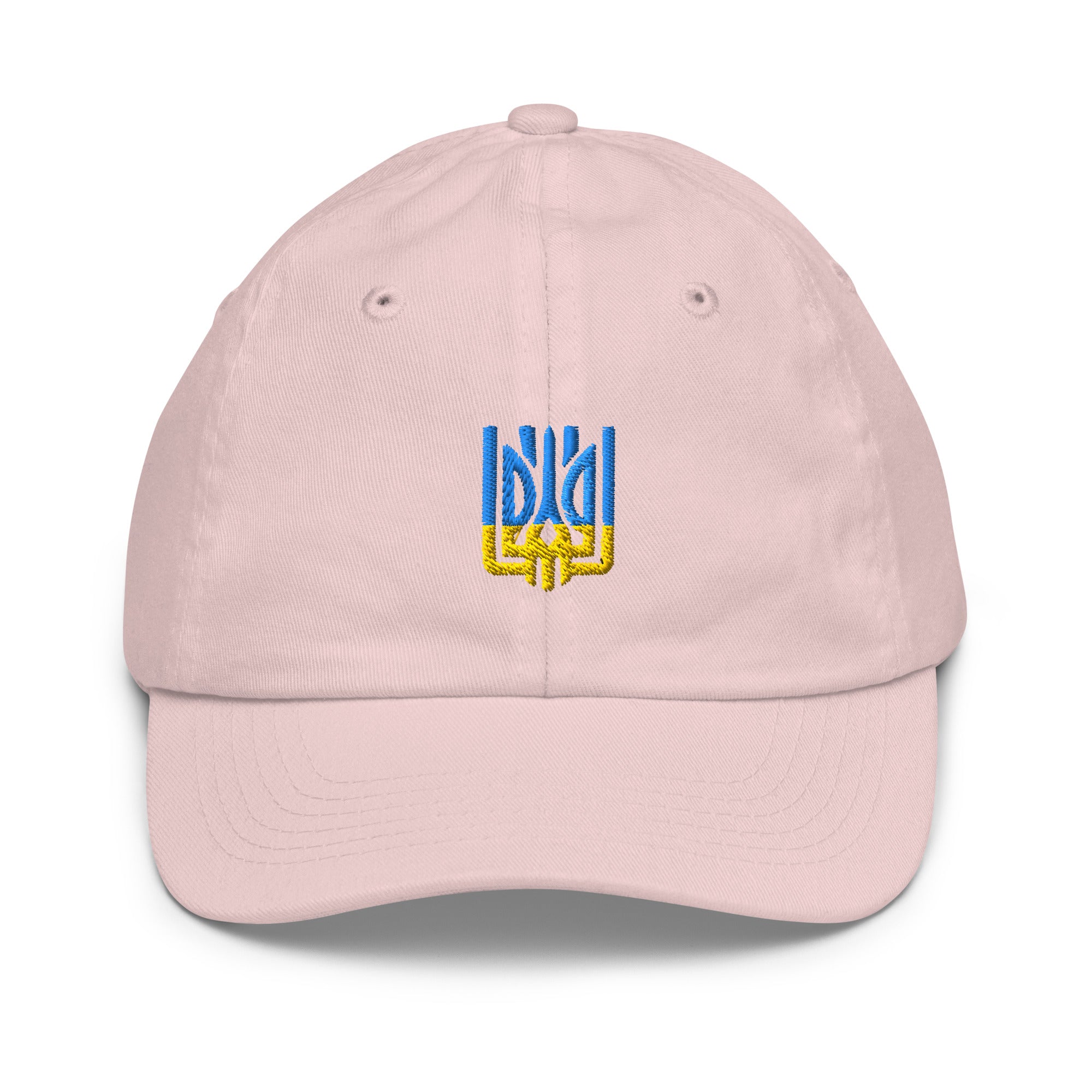Youth baseball cap with Ukrainian Tryzub emblem, breathable and adjustable, ideal for active kids. Made from bio-washed chino cotton twill.