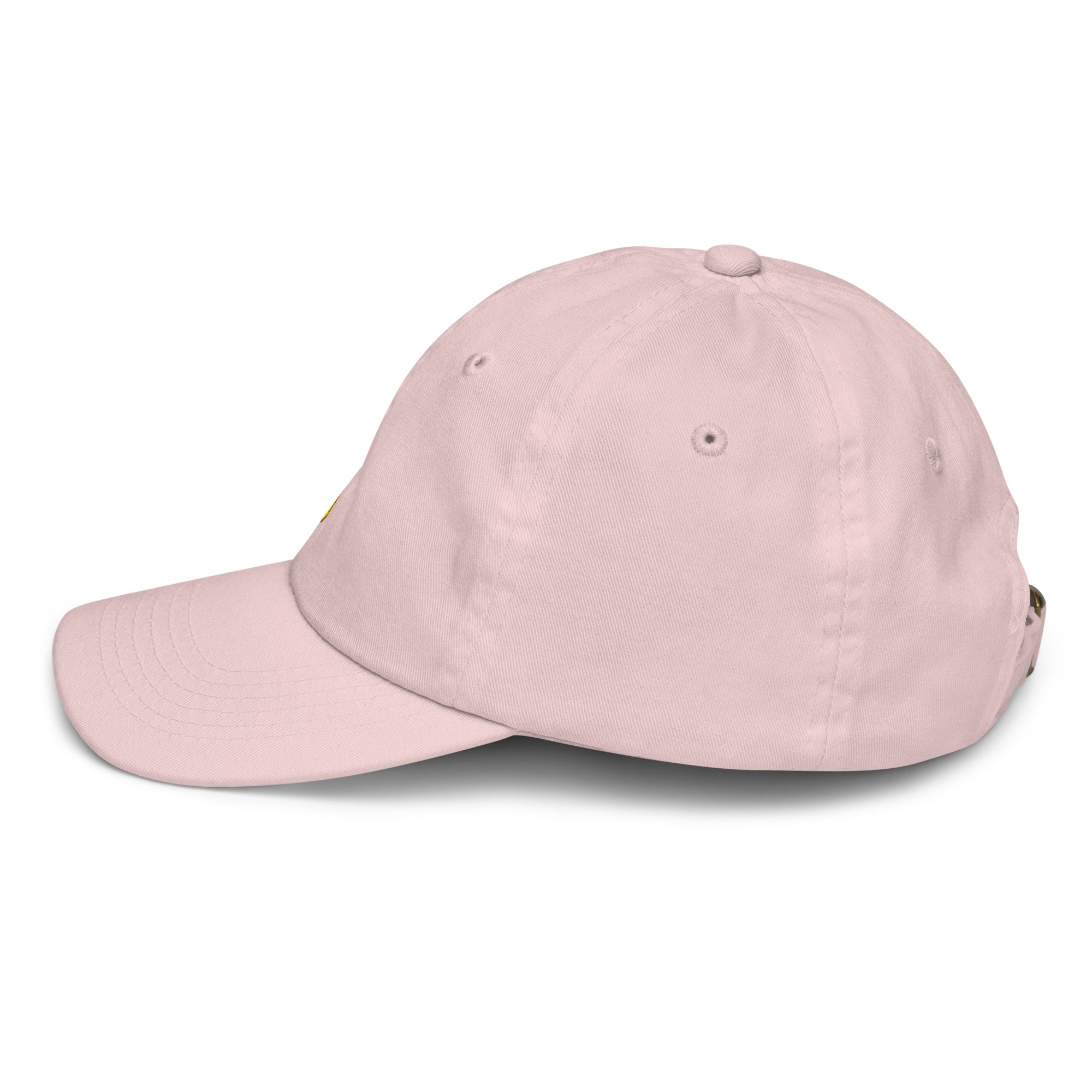 Side view of youth baseball cap with Ukrainian Tryzub, breathable pink cotton, adjustable strap, ideal for kids' sports or outdoor activities.