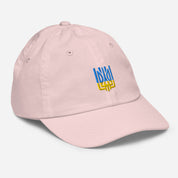 Youth baseball cap with Ukrainian Tryzub emblem, soft pink, breathable and adjustable, ideal for kids' outdoor activities.