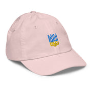 Youth baseball cap with Ukrainian Tryzub emblem, breathable cotton, adjustable fit, perfect for active kids, soft pink color.