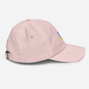 Youth baseball cap in pink with Ukrainian Tryzub emblem, breathable and adjustable, ideal for active kids. Made from bio-washed chino cotton twill.