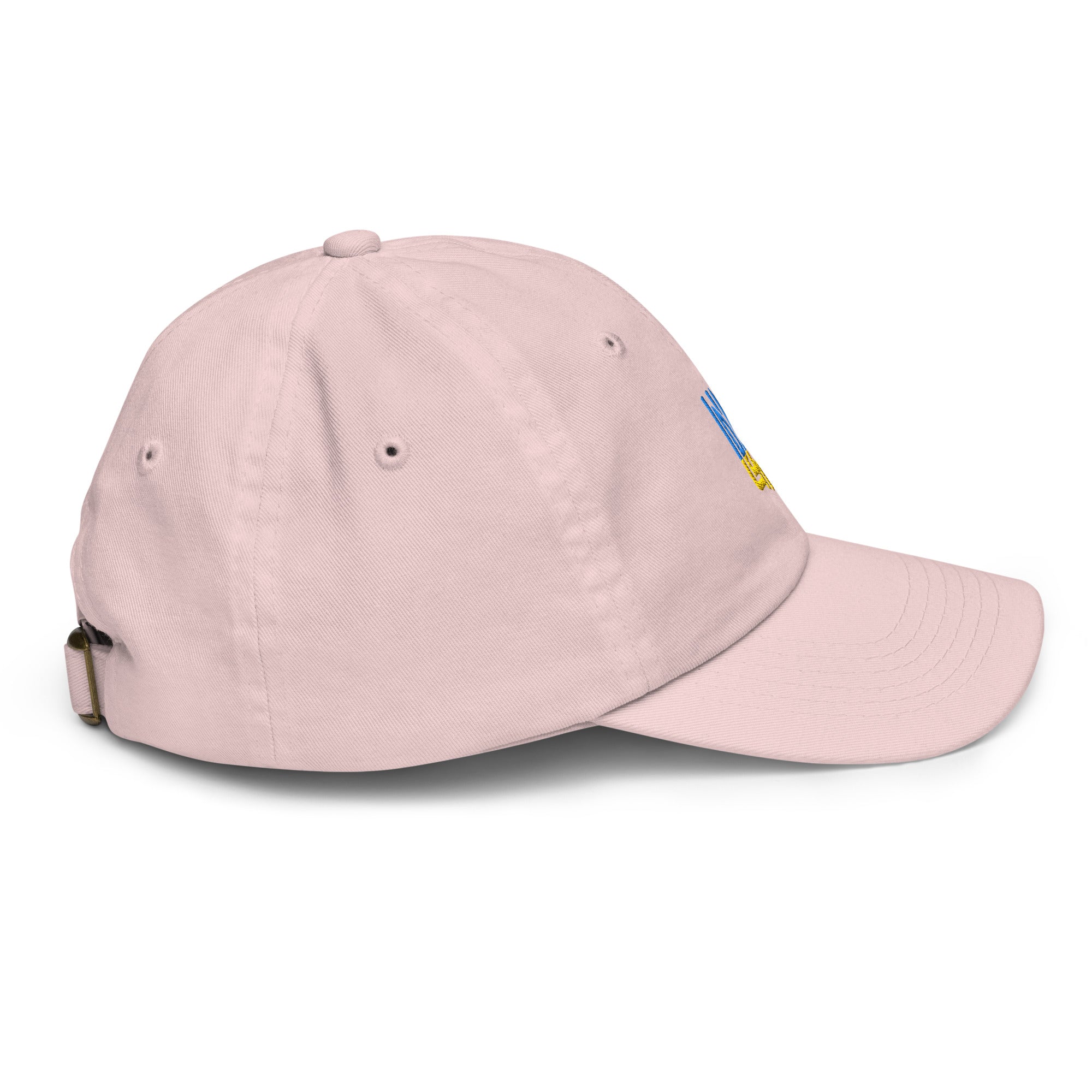 Side view of adjustable youth baseball cap with Ukrainian Tryzub emblem, made from breathable chino cotton twill, in light pink color.