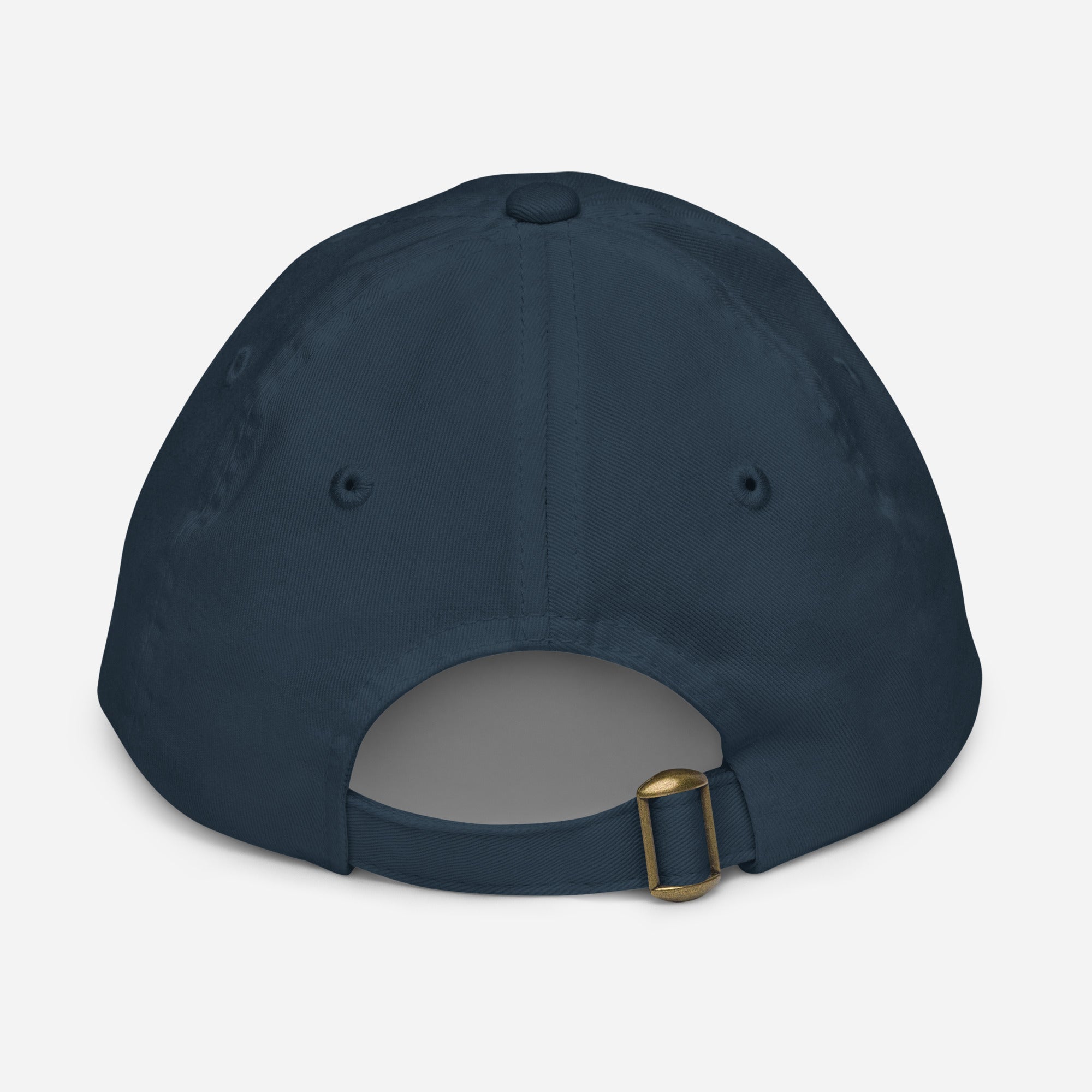 Back view of a youth baseball cap with adjustable strap, breathable eyelets, made from bio-washed chino cotton twill for active kids.
