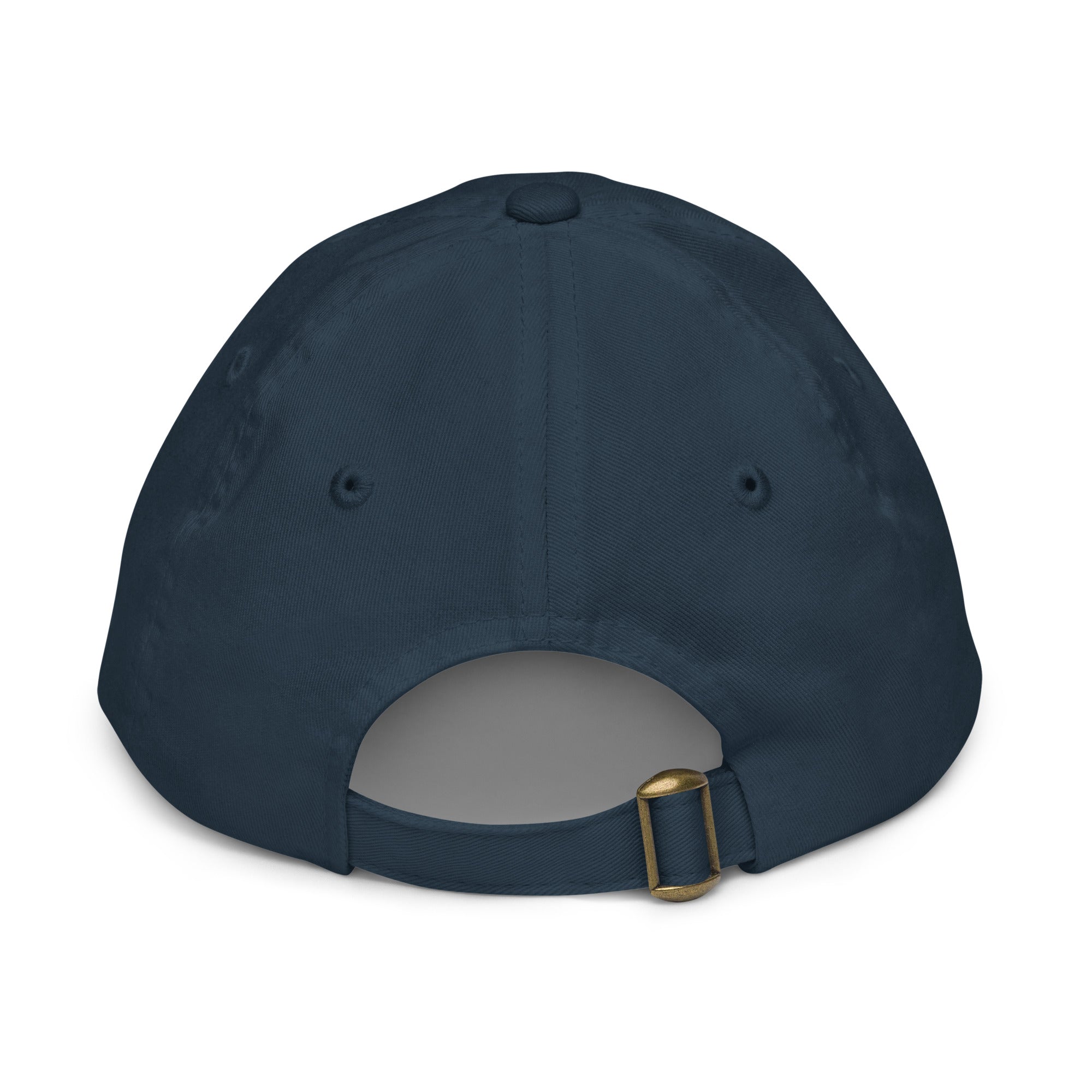 Back view of youth baseball cap in navy blue featuring an adjustable strap for a custom fit, made from bio-washed chino cotton twill.