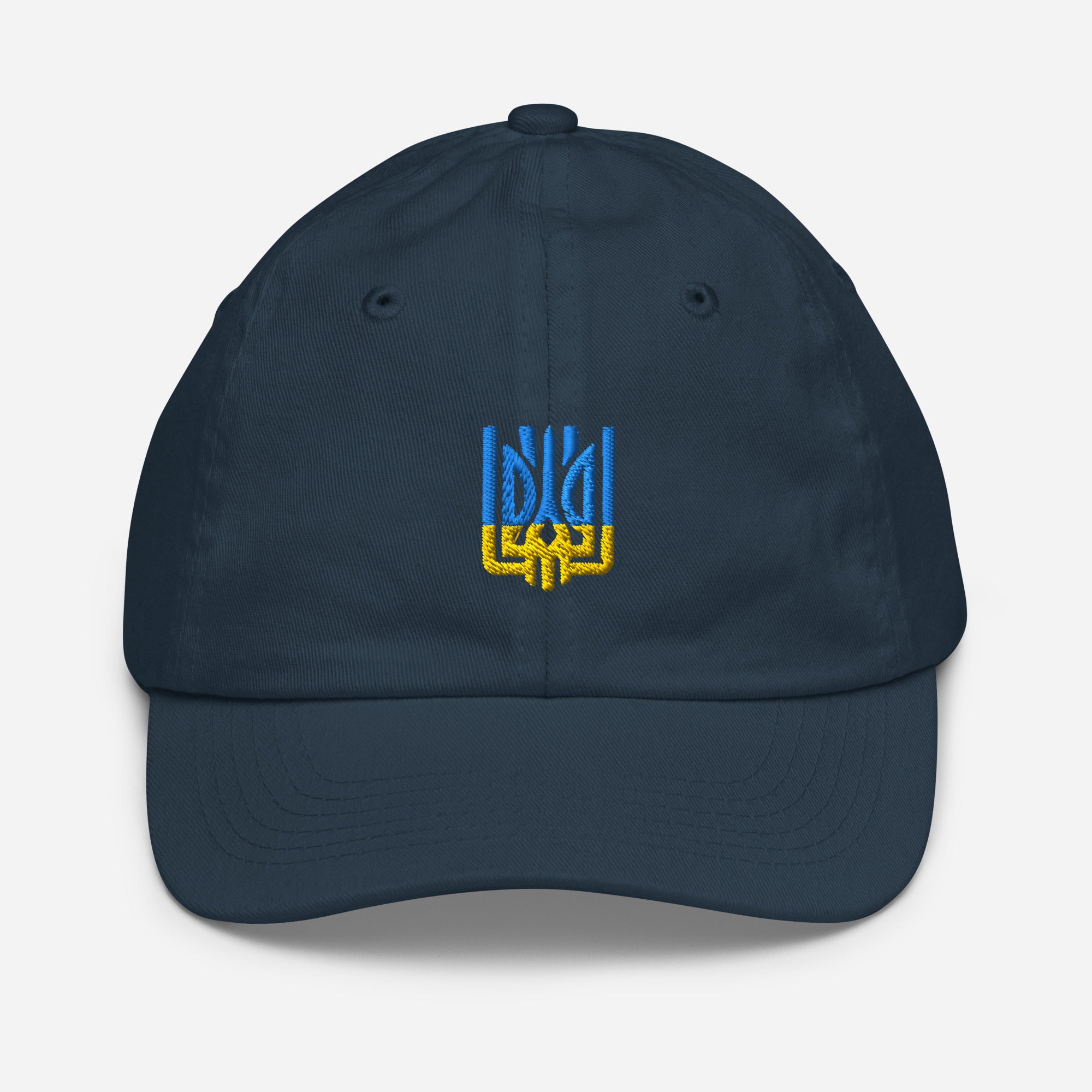 Youth baseball cap with Ukrainian Tryzub emblem, breathable chino cotton, adjustable strap, perfect for active kids and outdoor adventures.