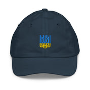 Youth baseball cap with Ukrainian Tryzub emblem, breathable cotton, adjustable fit, perfect for sports and outdoor activities.