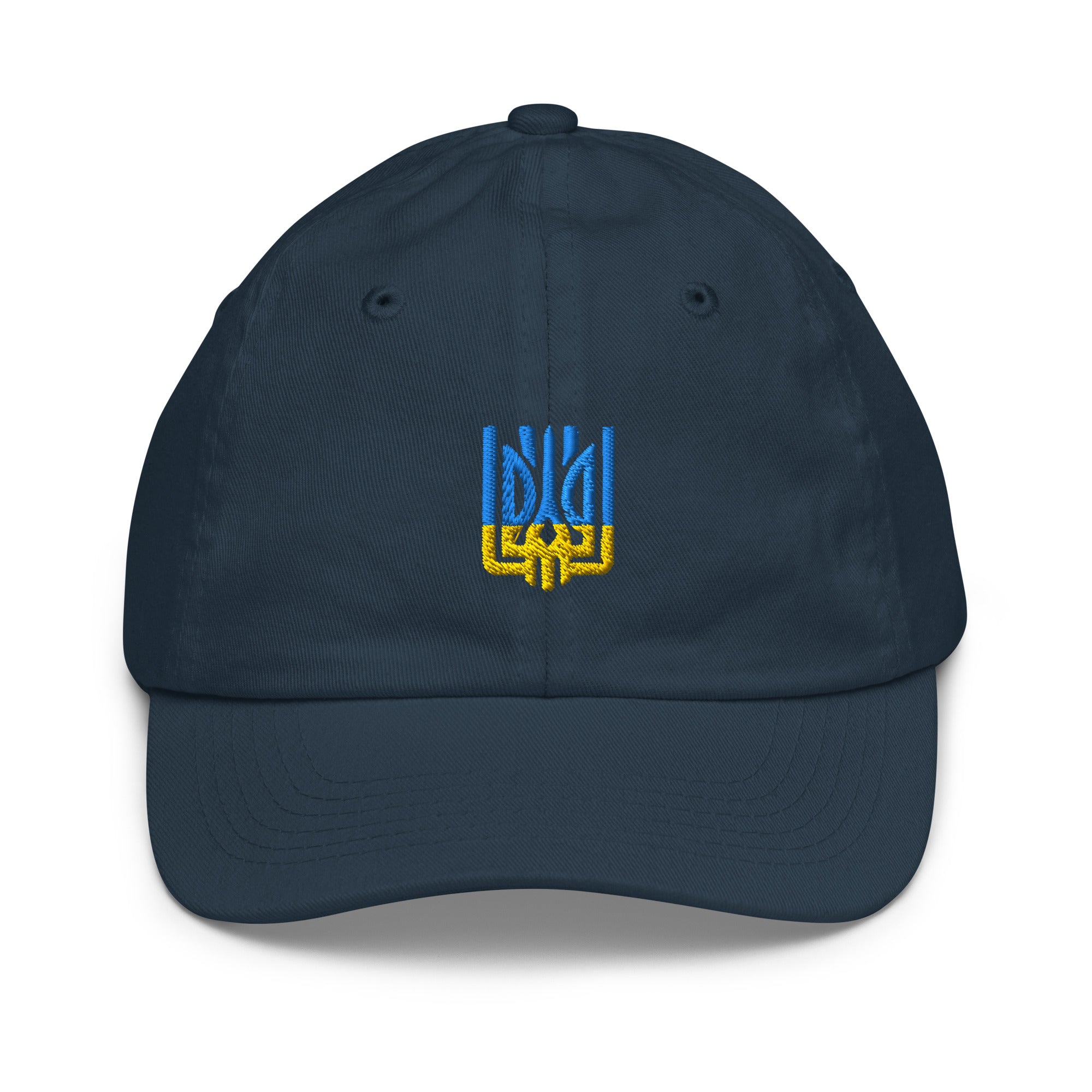 Youth baseball cap with Ukrainian Tryzub emblem, breathable cotton, adjustable fit, perfect for sports and outdoor activities.