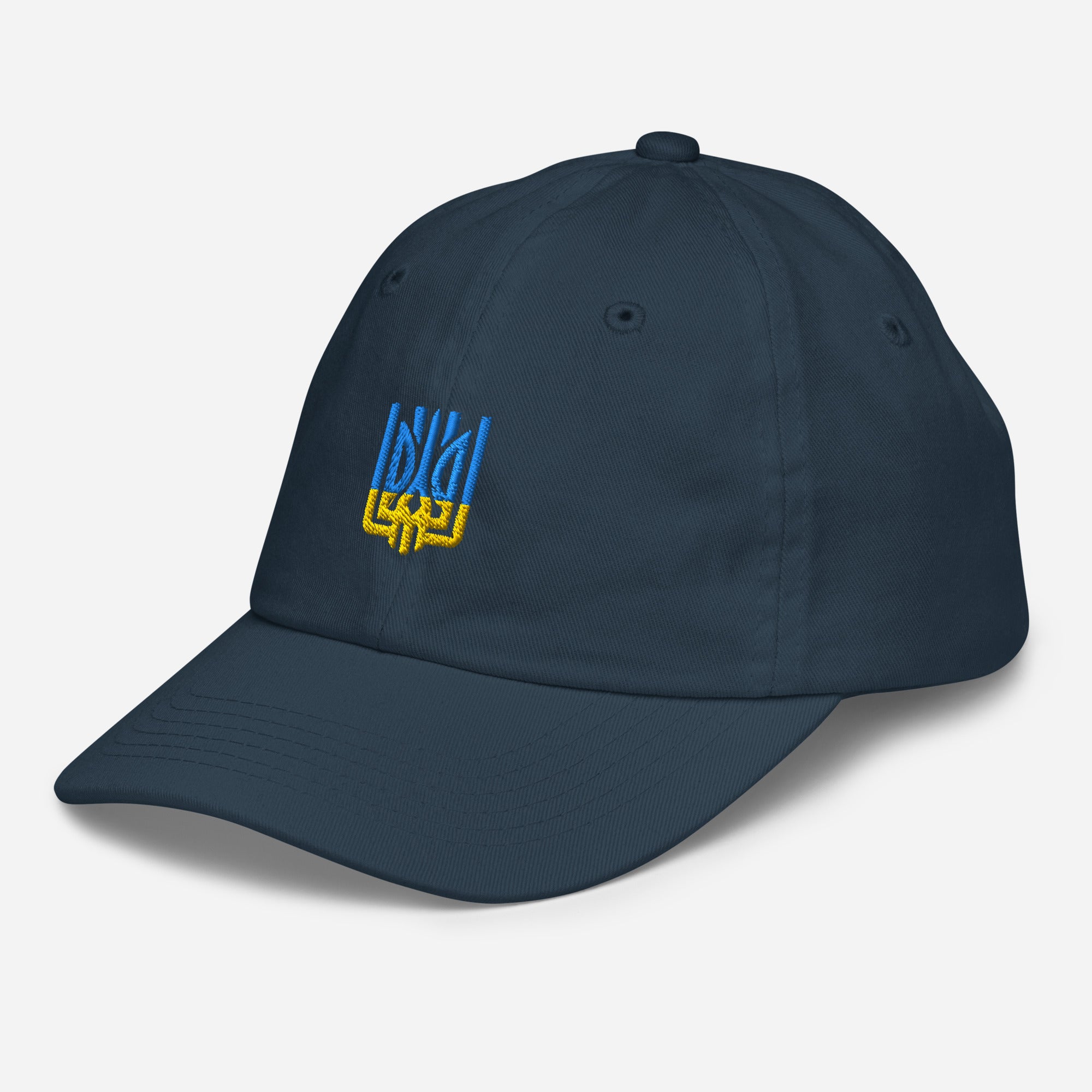 Youth baseball cap with Ukrainian Tryzub emblem, in breathable chino cotton, adjustable strap, ideal for outdoor activities and sports.