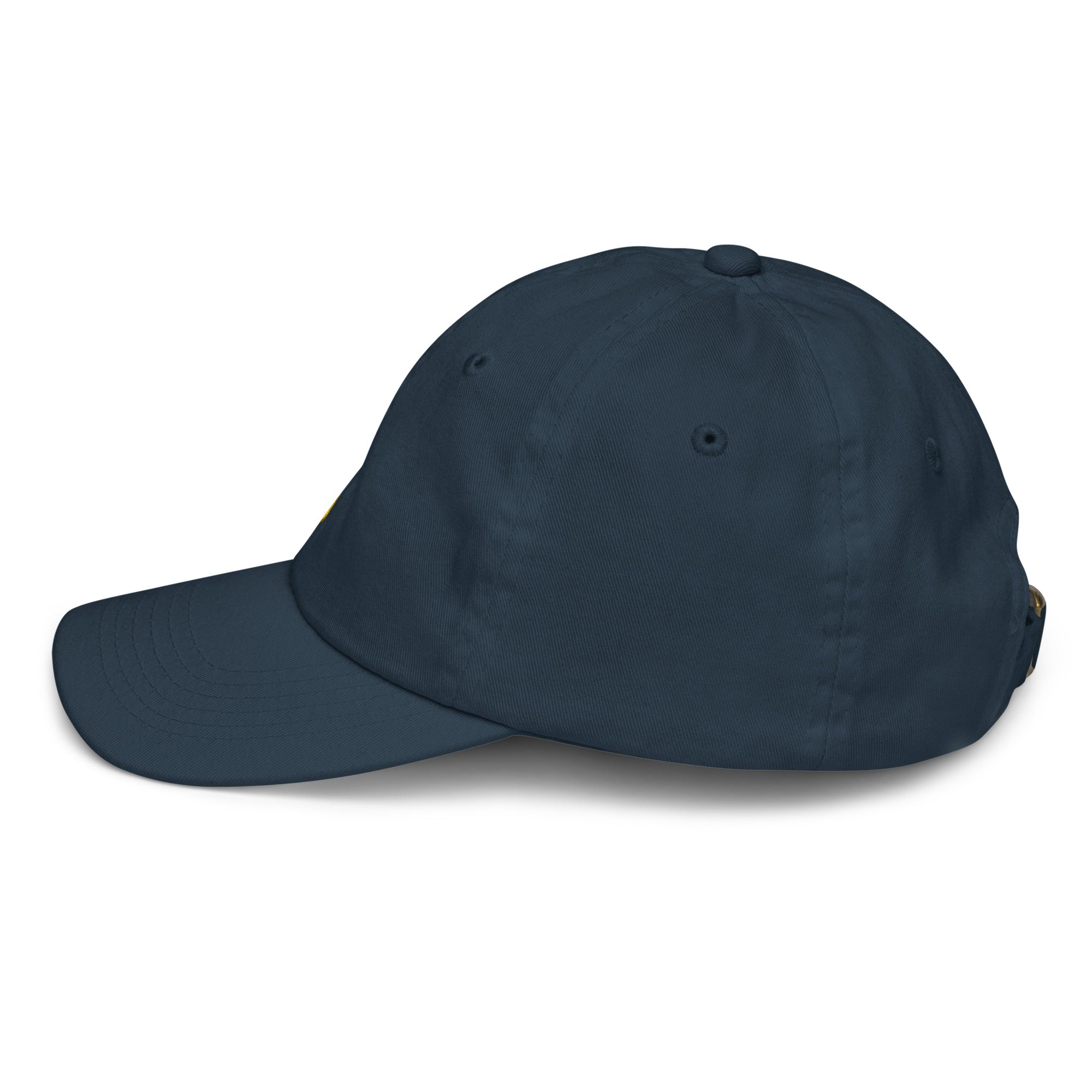 Youth baseball cap with Ukrainian Tryzub emblem, made from bio-washed chino cotton twill; features adjustable strap and six ventilation eyelets.