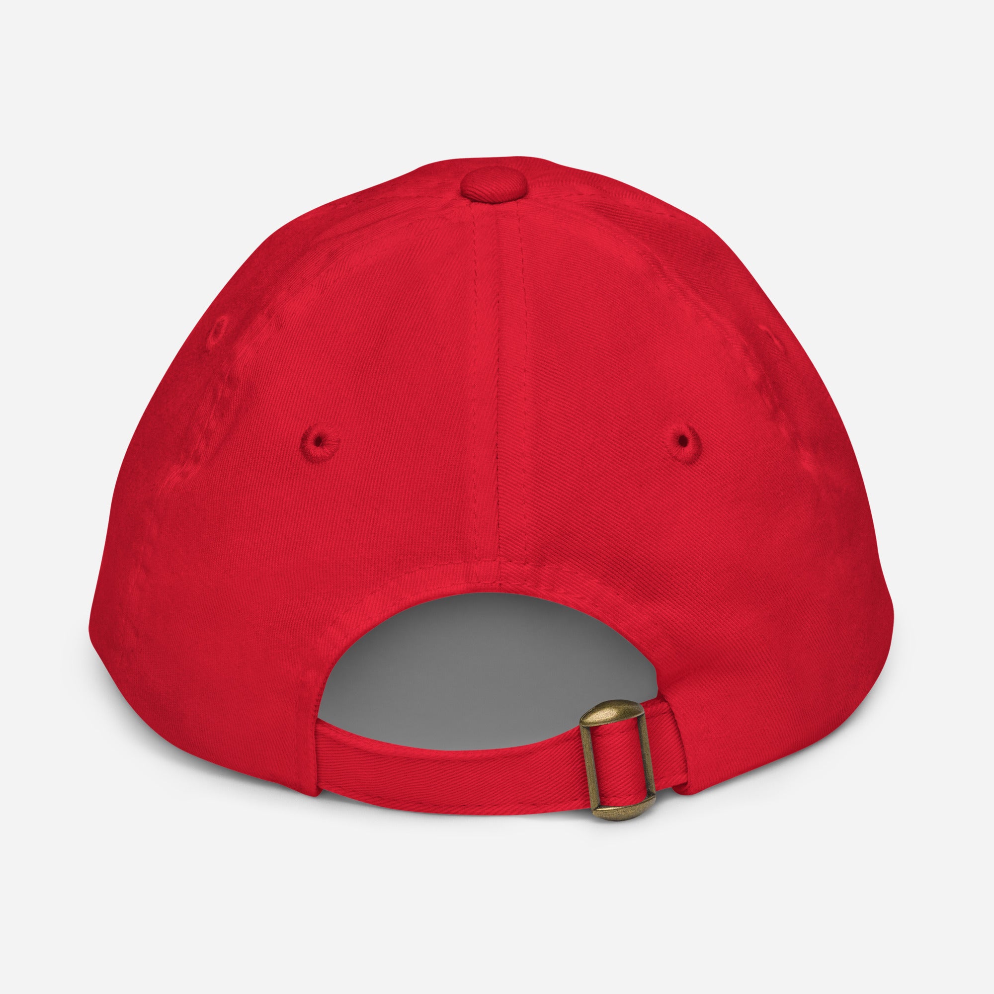 Back view of a red youth baseball cap with adjustable strap and ventilation eyelets, made from soft bio-washed chino cotton twill fabric.