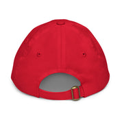 Back view of red youth baseball cap with adjustable strap and ventilation eyelets, made from soft and durable bio-washed chino cotton twill.