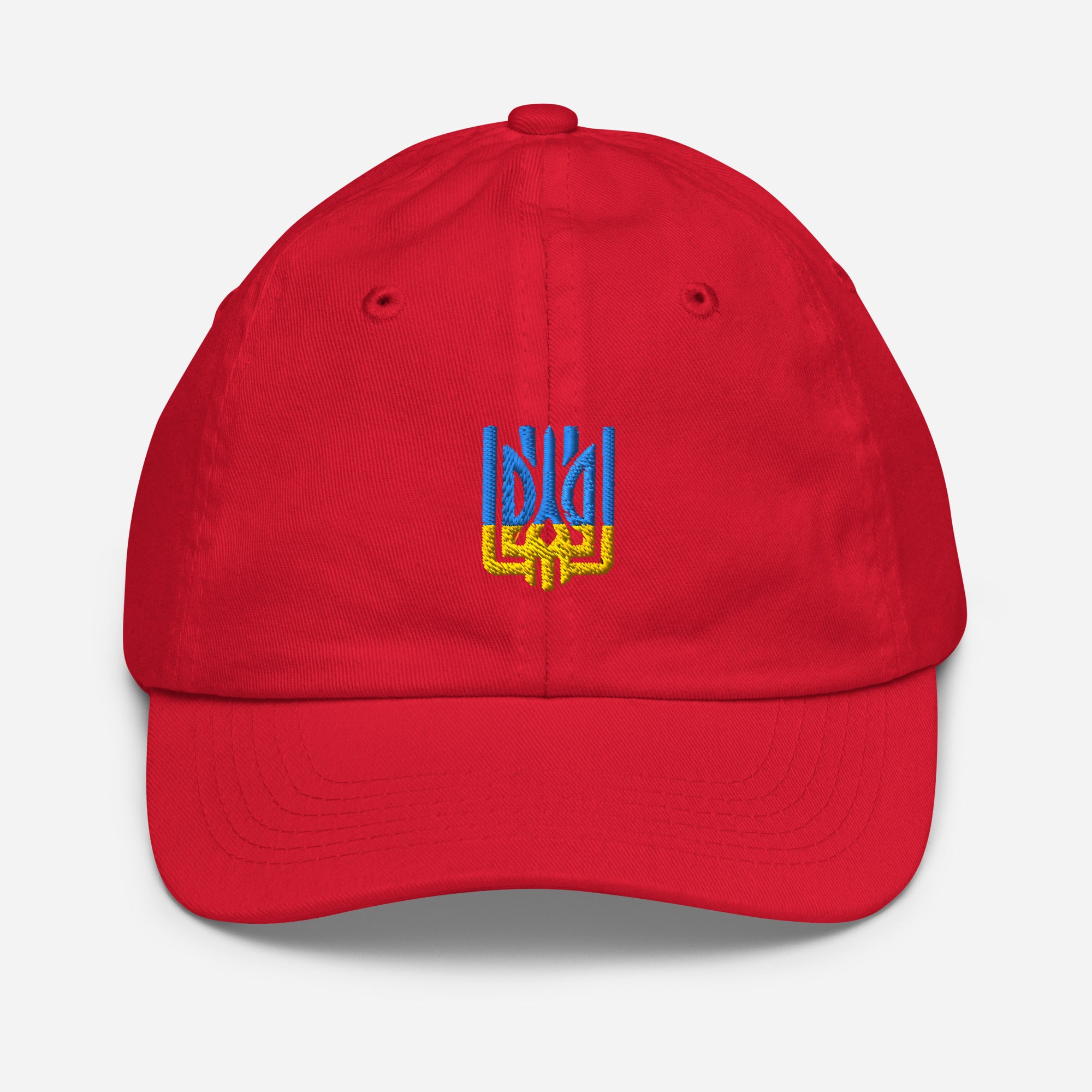 Youth red baseball cap with Ukrainian Tryzub emblem, breathable and adjustable, perfect for active kids, made of 100% cotton twill.