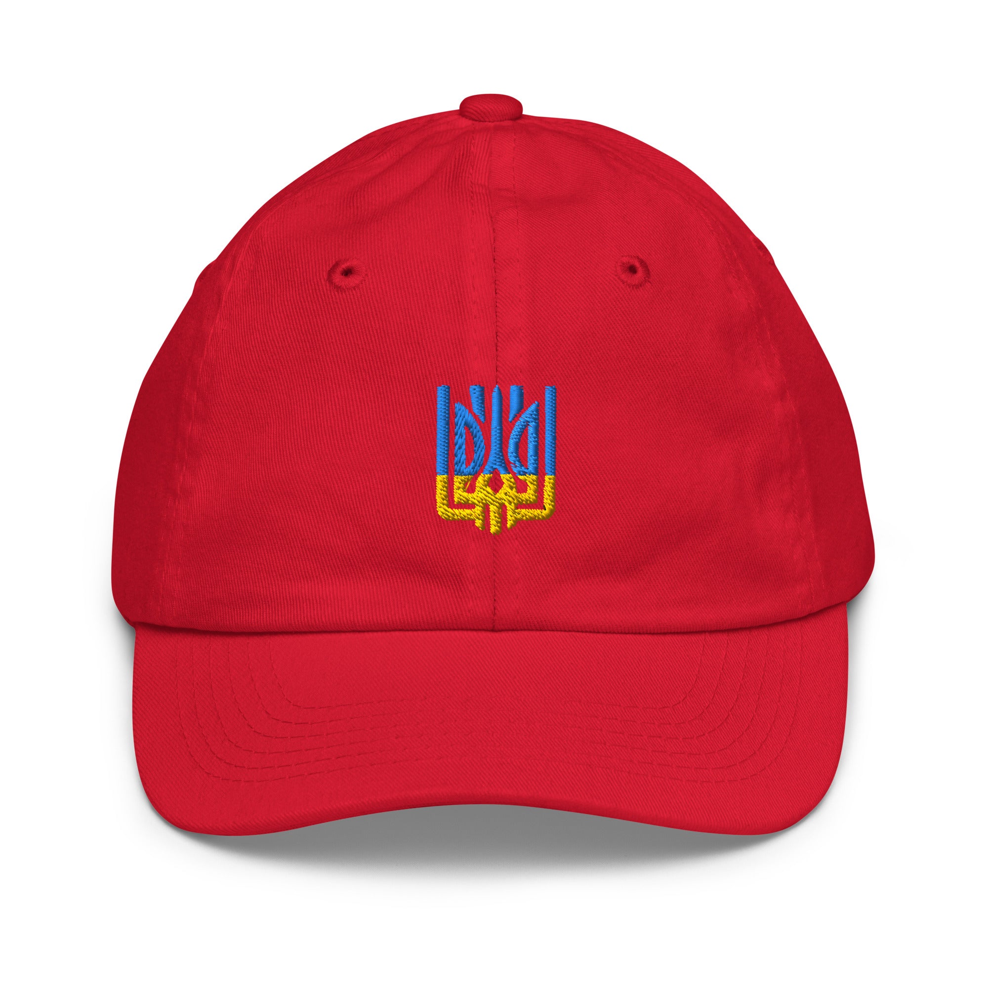 Youth red baseball cap with Ukrainian Tryzub emblem, 100% bio-washed chino cotton, adjustable strap, breathable design
