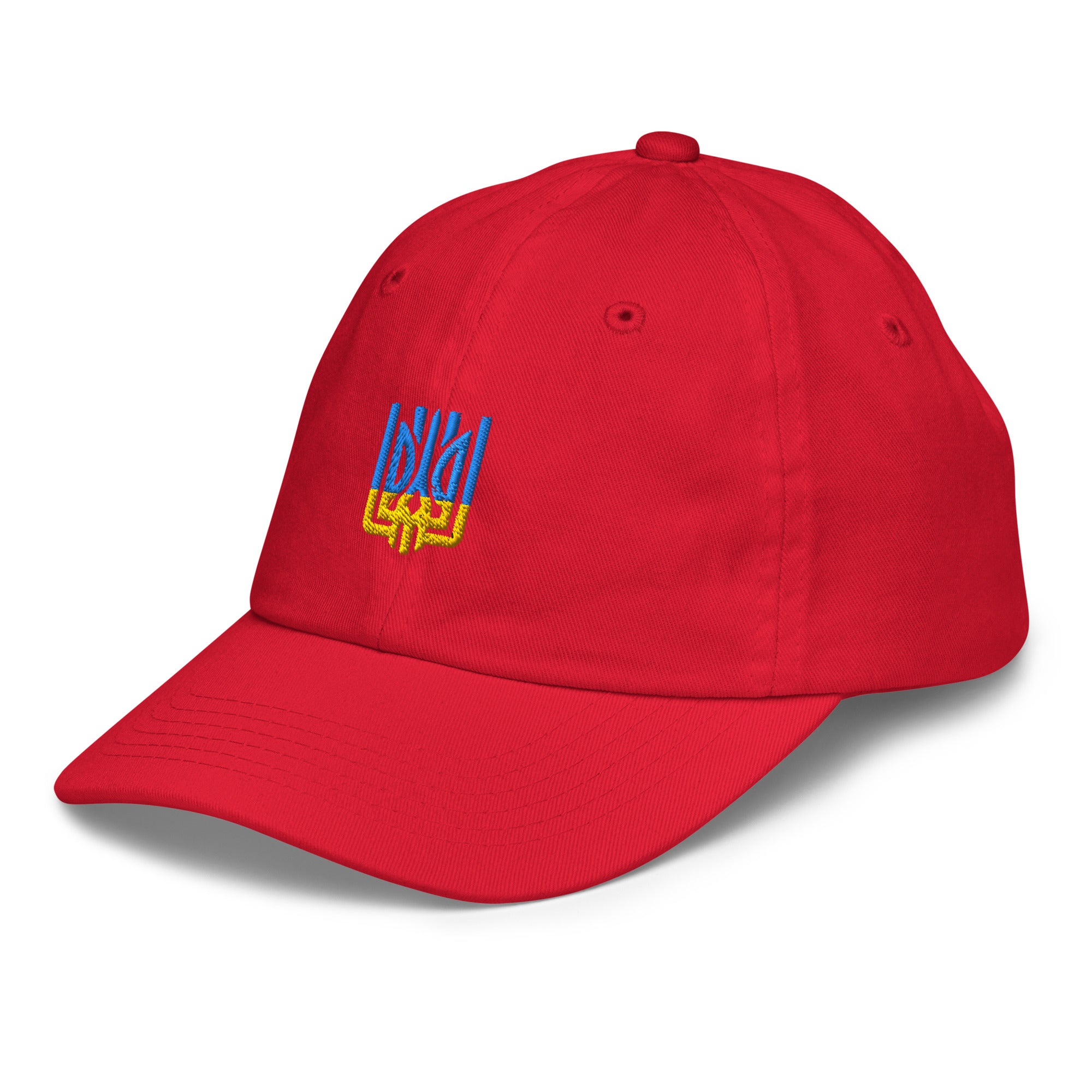 Red youth baseball cap with Ukrainian Tryzub emblem, breathable six-eyelet design, adjustable strap, made from bio-washed chino cotton twill.