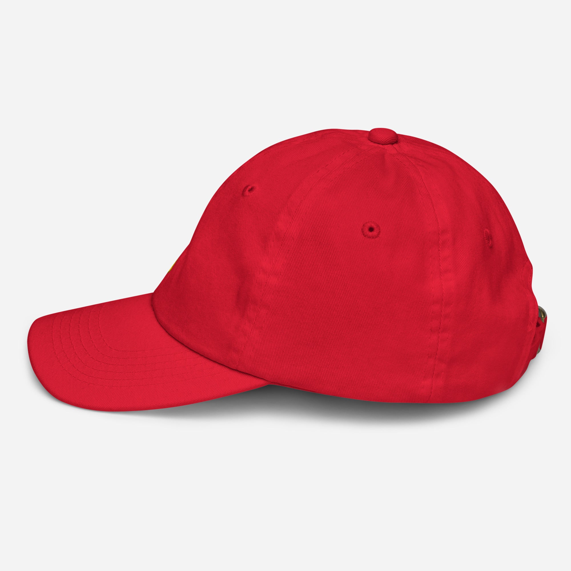 Red youth baseball cap with Ukrainian Tryzub emblem, breathable and adjustable for active kids, made from durable bio-washed cotton.