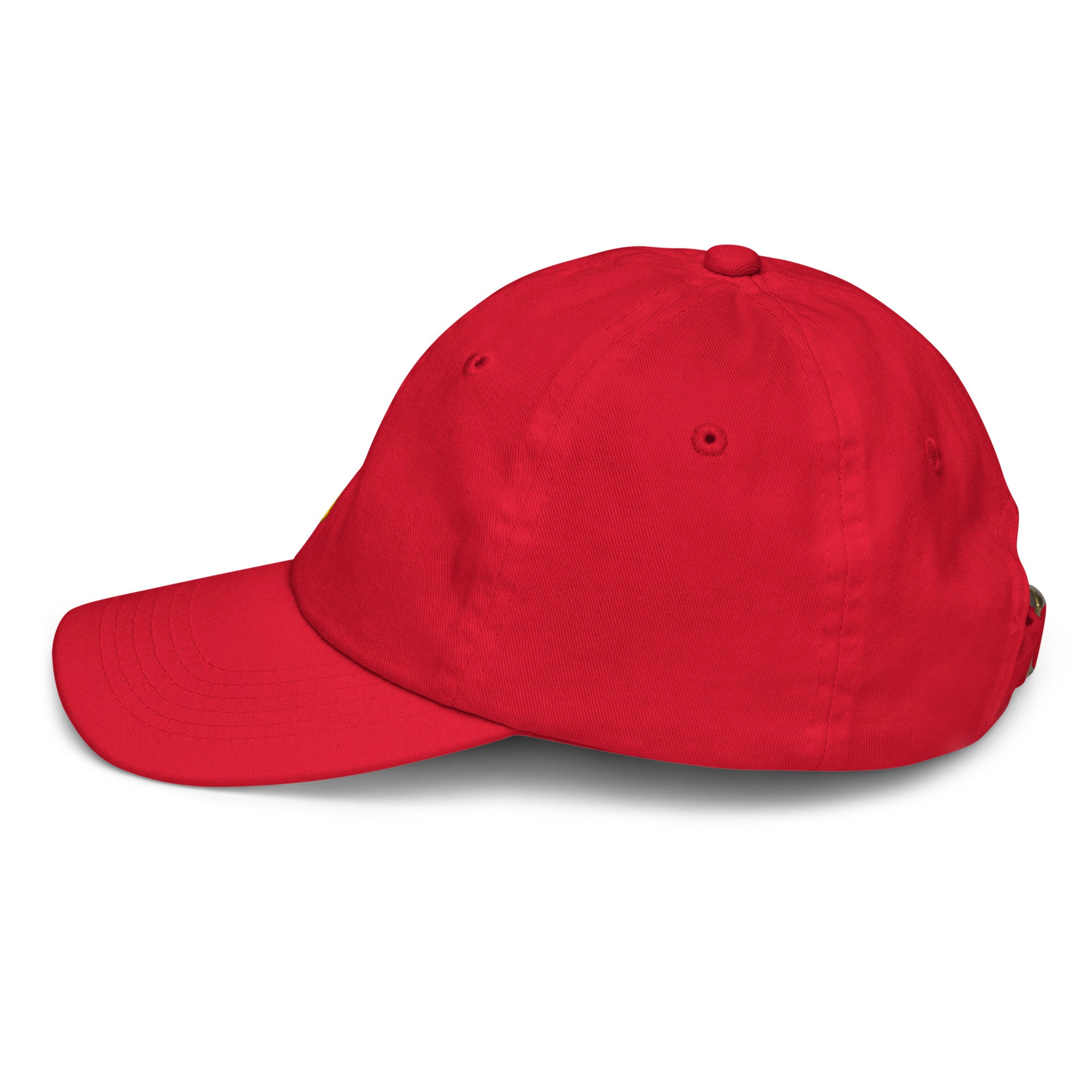 Youth baseball cap with Ukrainian Tryzub, red, breathable, adjustable for active kids, made from 100% bio-washed chino cotton twill.