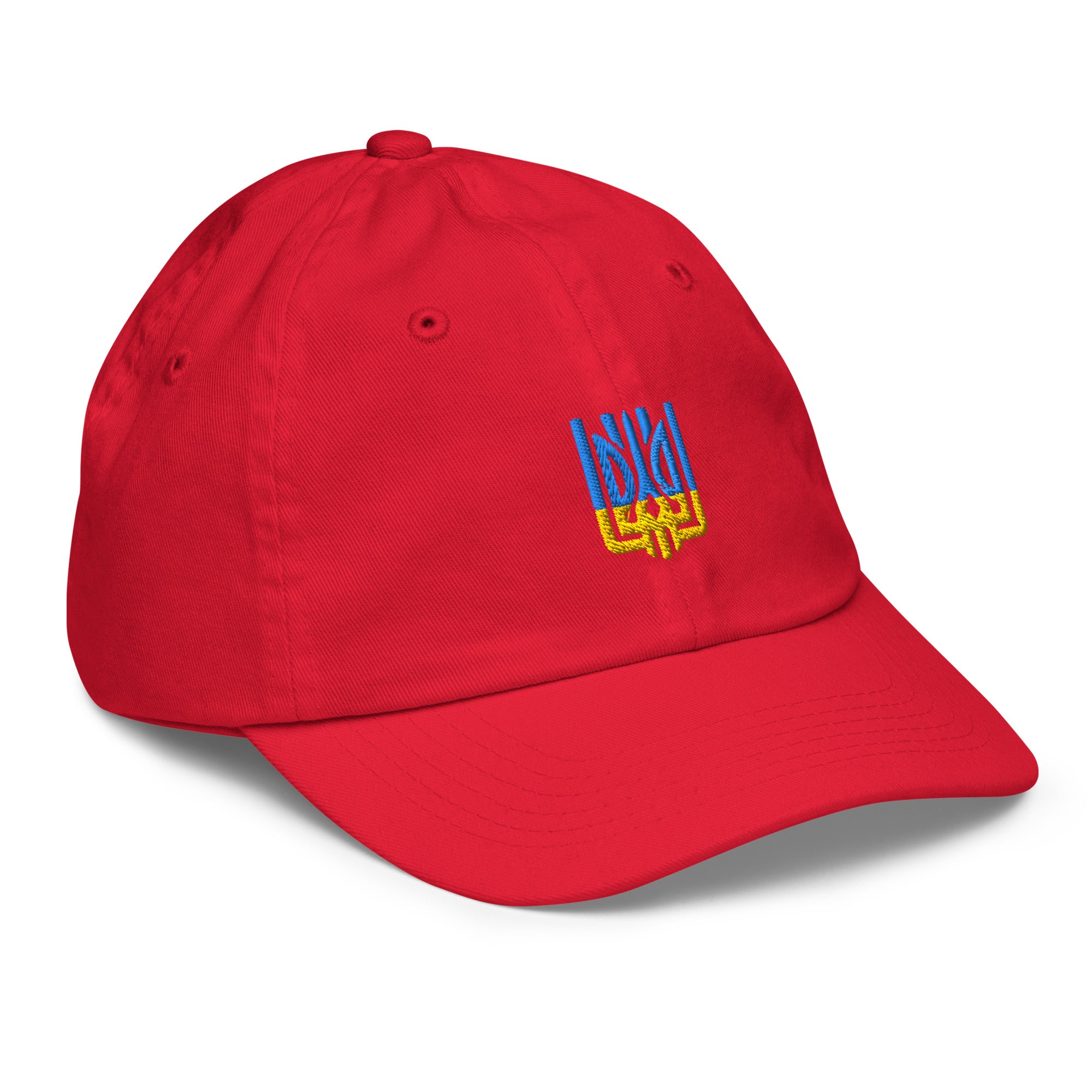 Red youth baseball cap with Ukrainian Tryzub emblem, breathable and adjustable, ideal for active kids' outdoor adventures.
