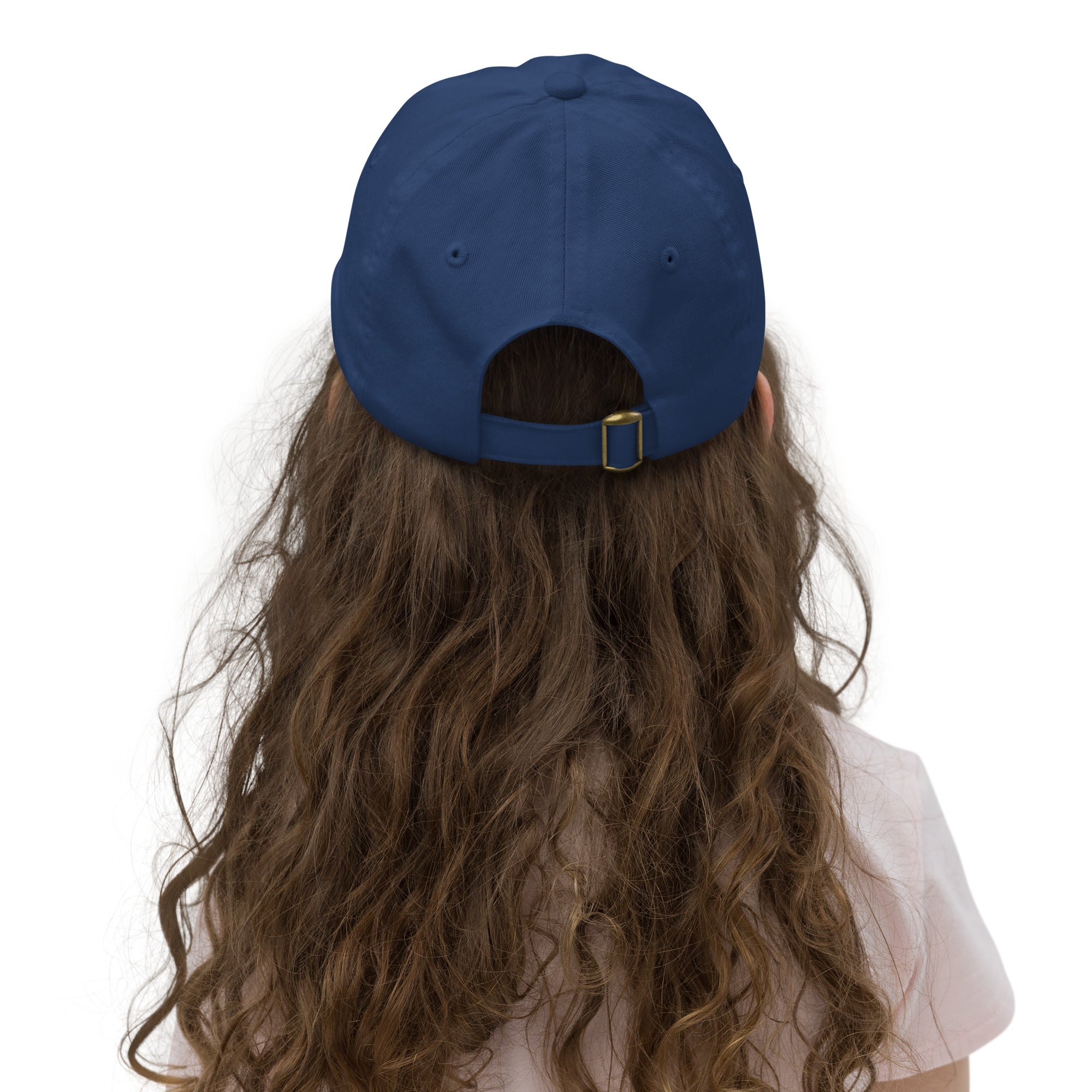 Child wearing a navy youth baseball cap with adjustable strap, showing back view. Ideal for active kids, featuring Ukrainian Tryzub and breathable design.
