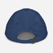 Back view of youth baseball cap with adjustable strap and ventilation eyelets, made from durable bio-washed chino cotton twill in navy color.