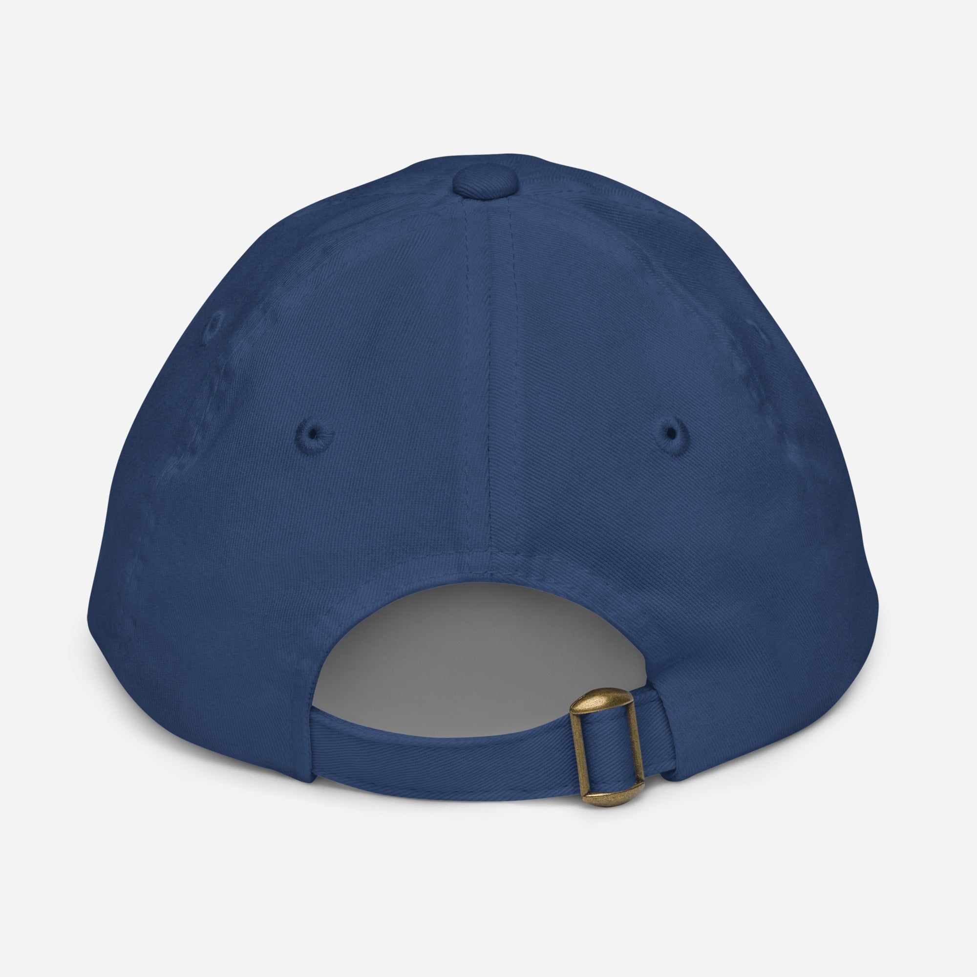 Back view of youth baseball cap with adjustable strap and ventilation eyelets, made from durable bio-washed chino cotton twill in navy color.