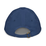 Back view of youth baseball cap in blue, featuring adjustable strap for perfect fit and ventilation eyelets for breathability.
