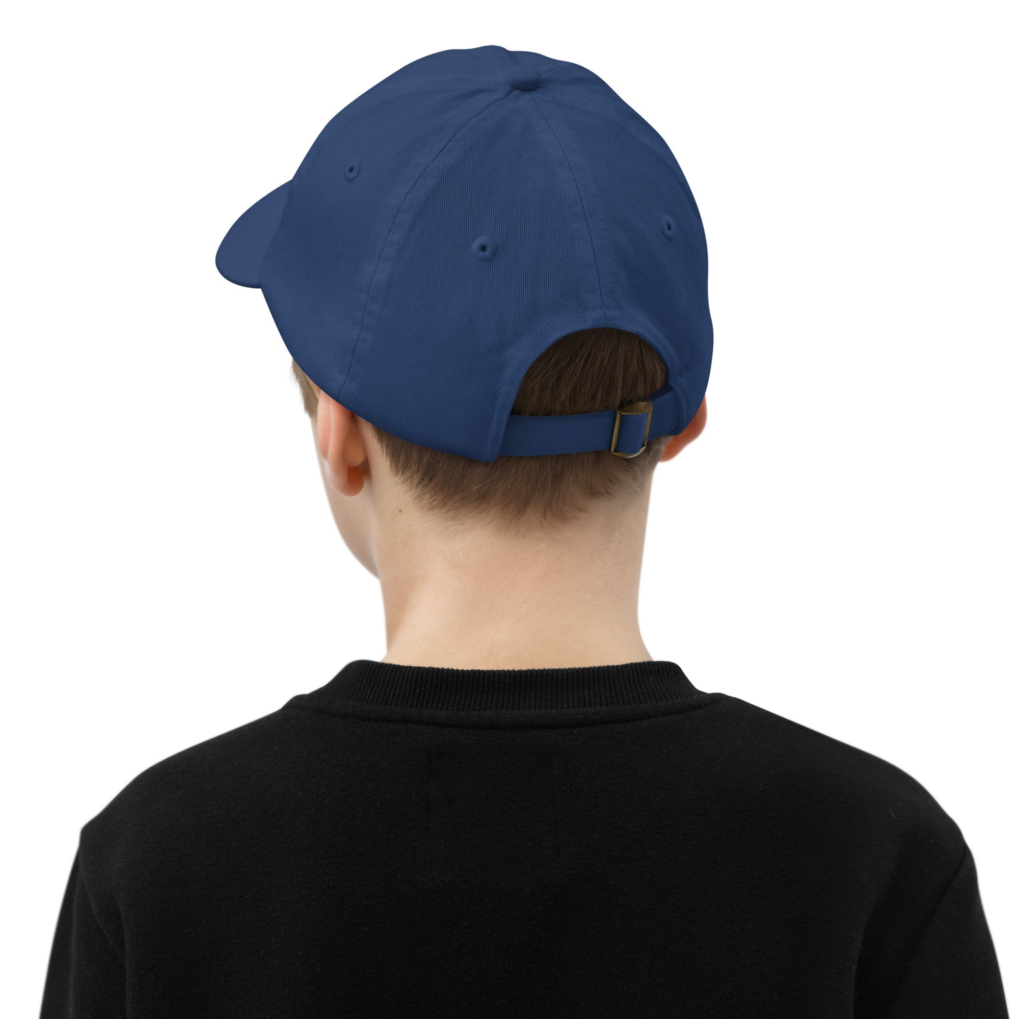 Rear view of youth wearing adjustable blue baseball cap, featuring breathable design for active kids.